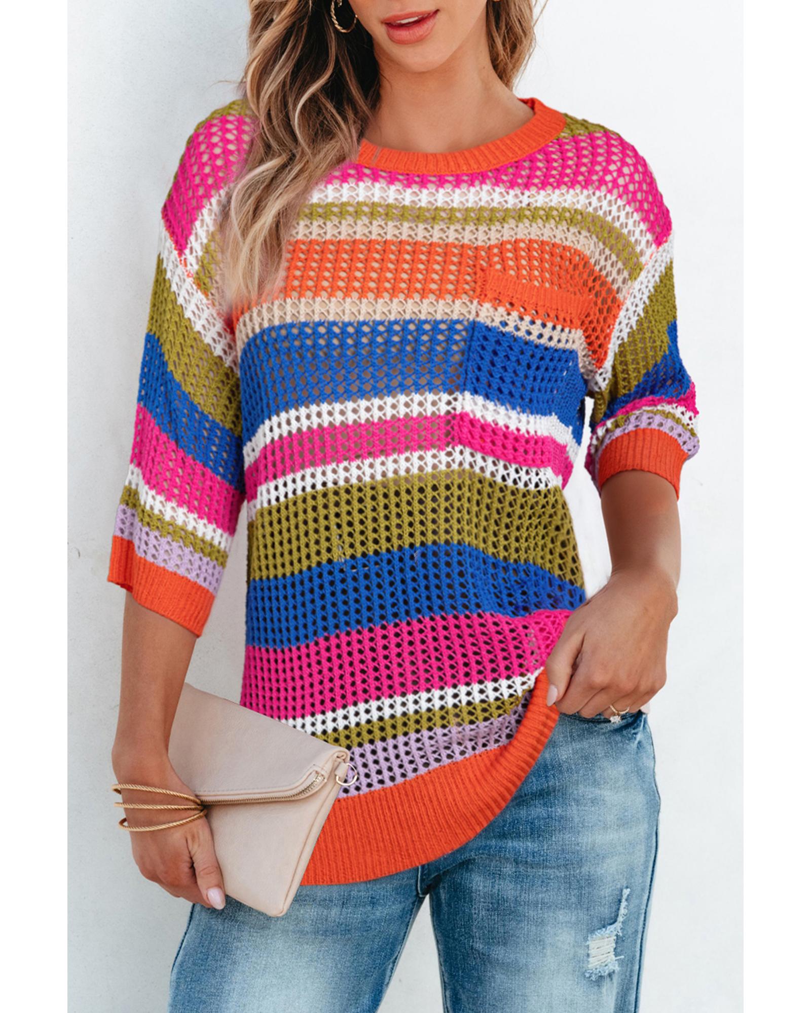 Orange Stripe Colorblock Hollowed Crochet 3/4 Sleeve Sweater - XL