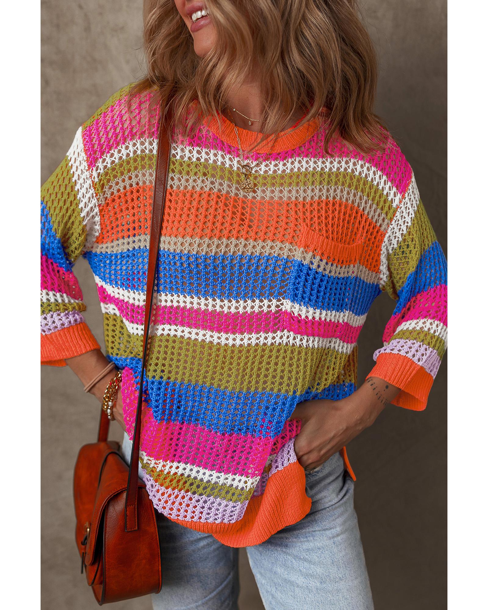 Orange Stripe Colorblock Hollowed Crochet 3/4 Sleeve Sweater - XL