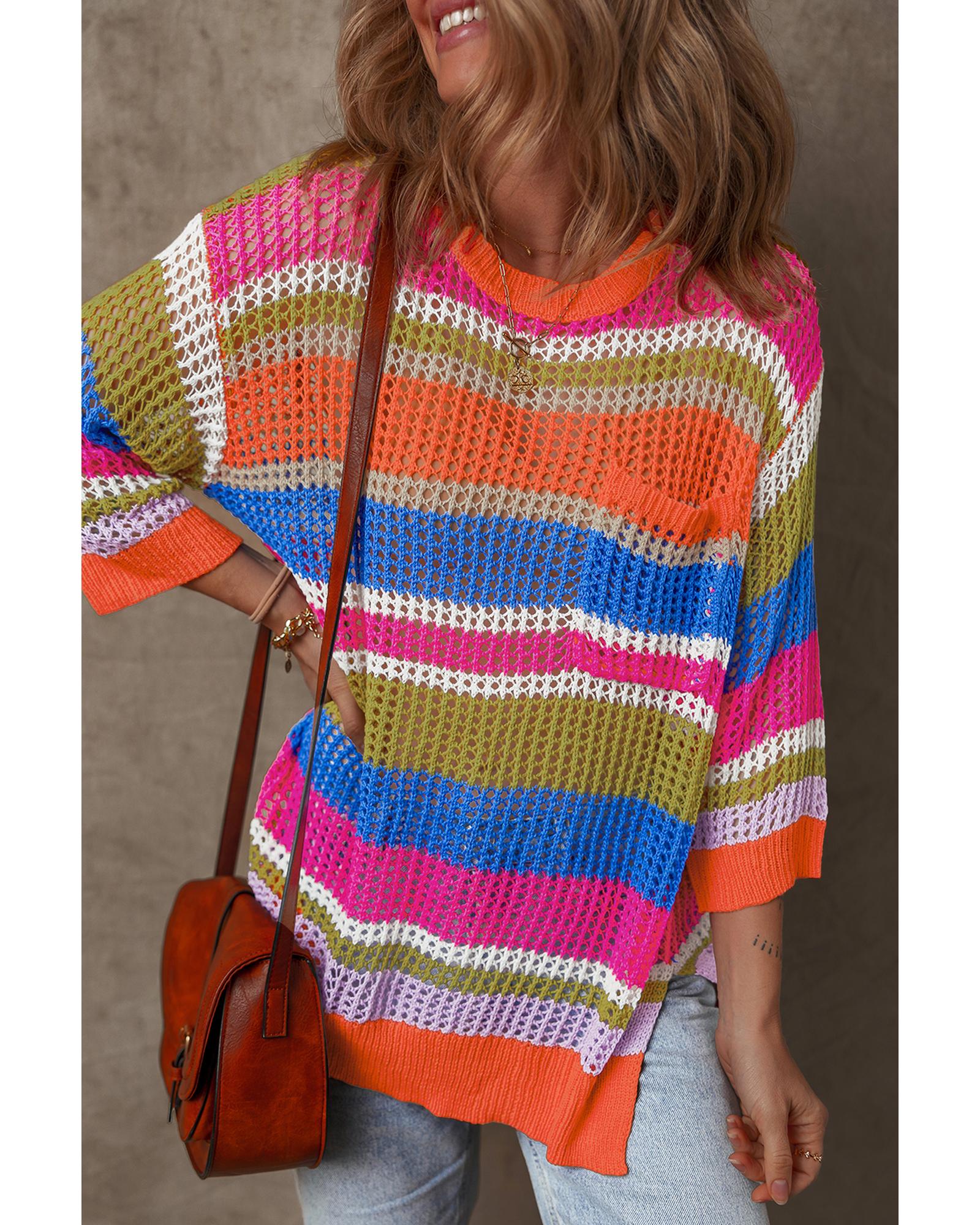 Orange Stripe Colorblock Hollowed Crochet 3/4 Sleeve Sweater - XL