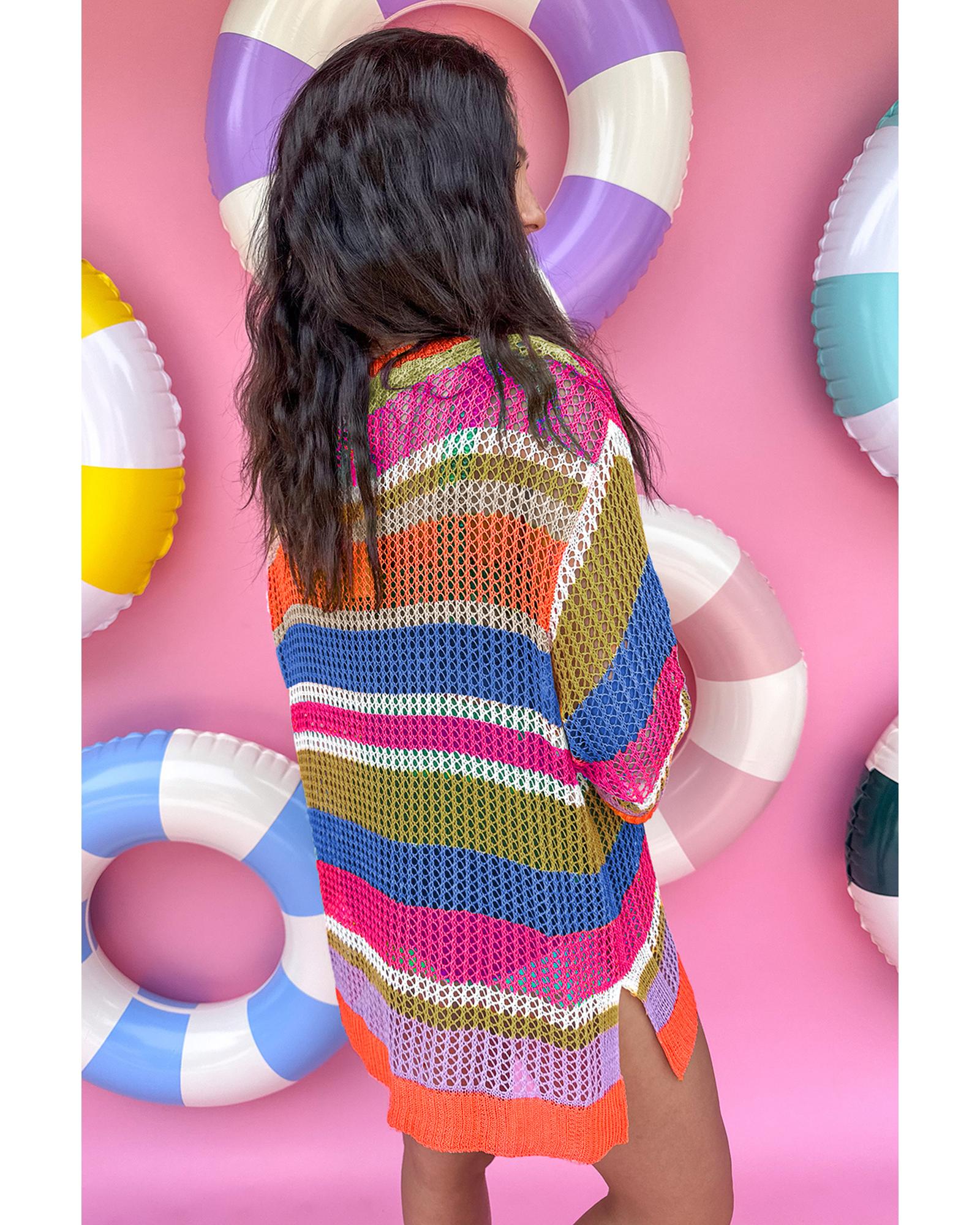 Orange Stripe Colorblock Hollowed Crochet 3/4 Sleeve Sweater - XL