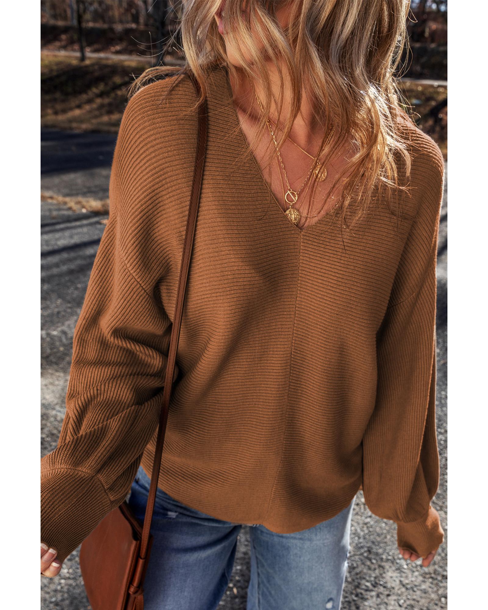Camel Ribbed Knit Drop Sleeve V Neck Loose Fit Sweater - M