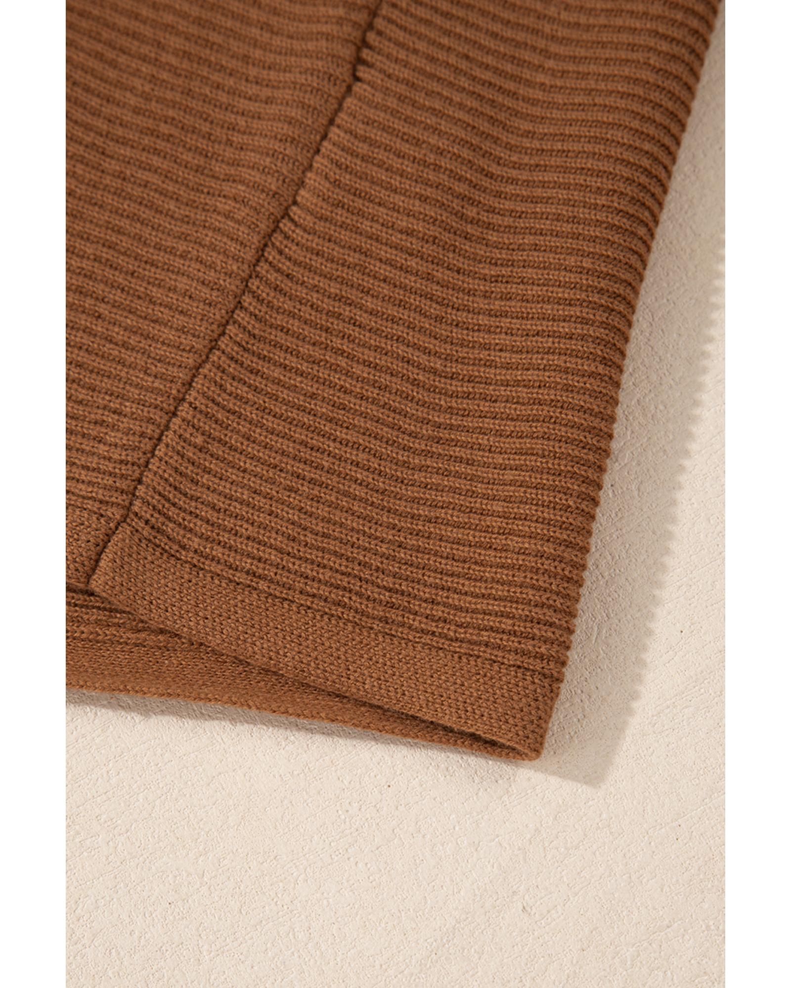 Camel Ribbed Knit Drop Sleeve V Neck Loose Fit Sweater - M