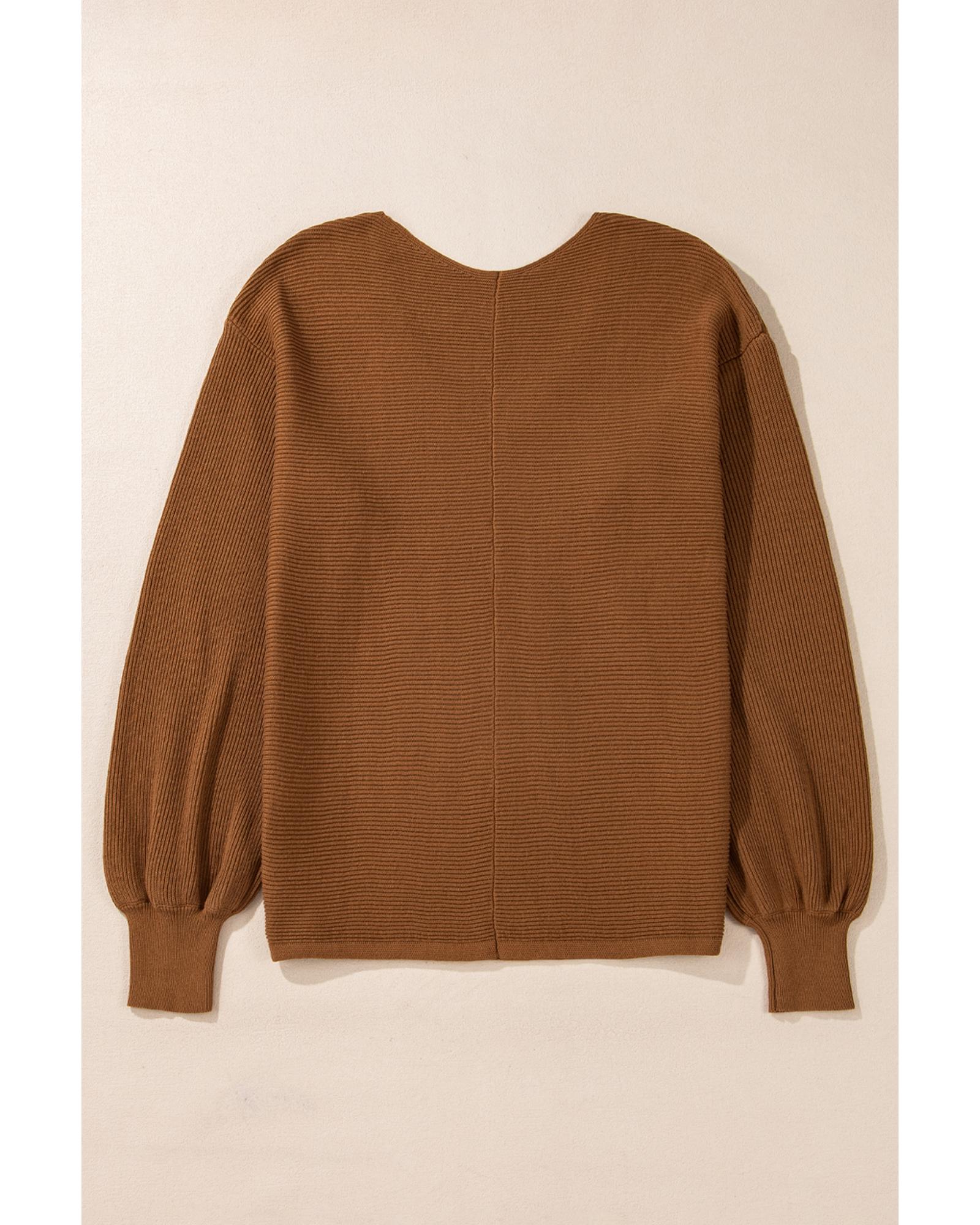Camel Ribbed Knit Drop Sleeve V Neck Loose Fit Sweater - M