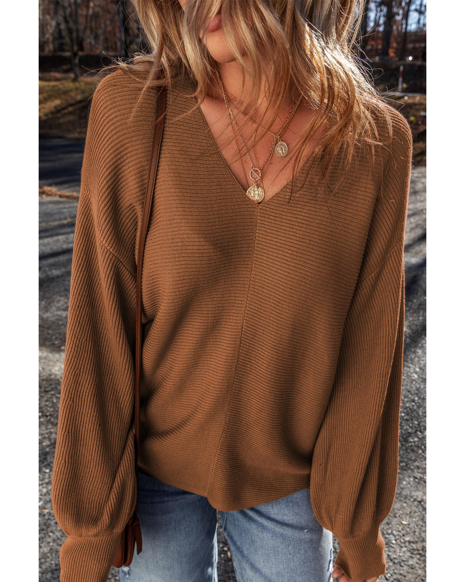 Camel Ribbed Knit Drop Sleeve V Neck Loose Fit Sweater - M