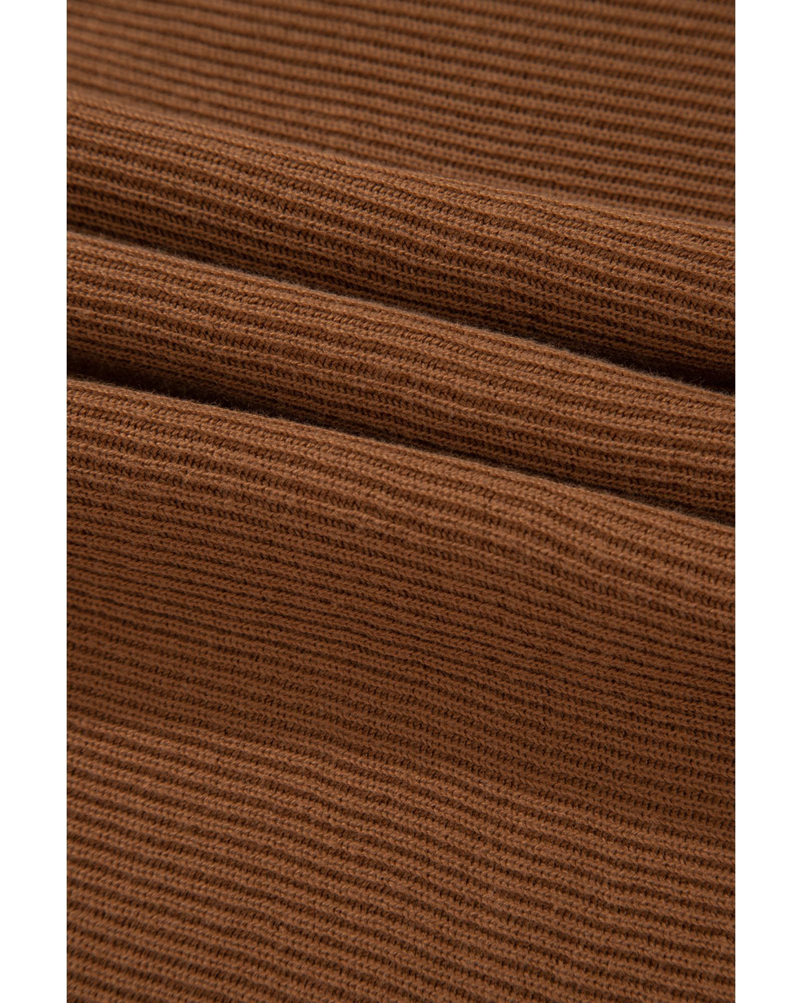 Camel Ribbed Knit Drop Sleeve V Neck Loose Fit Sweater - M