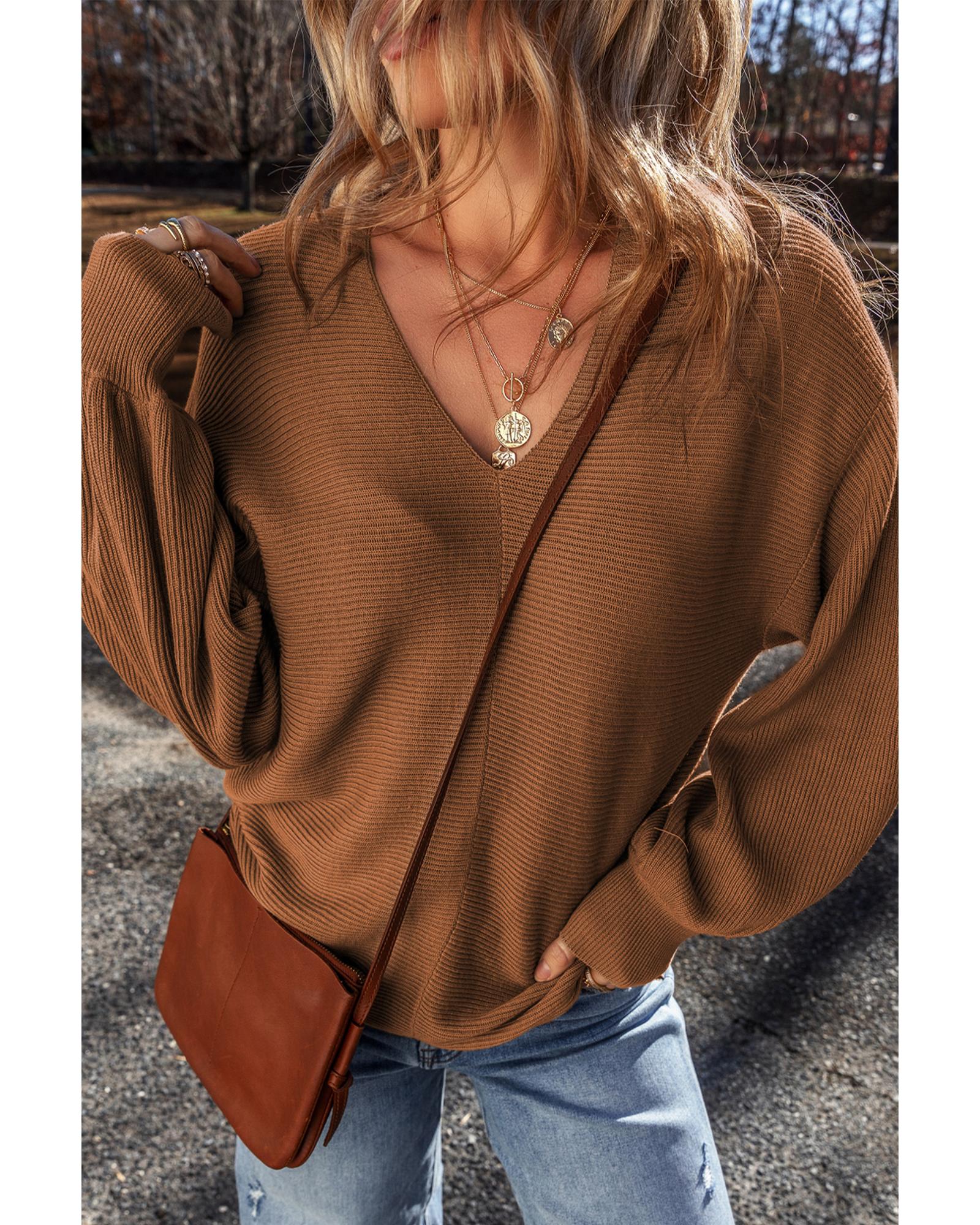 Camel Ribbed Knit Drop Sleeve V Neck Loose Fit Sweater - M