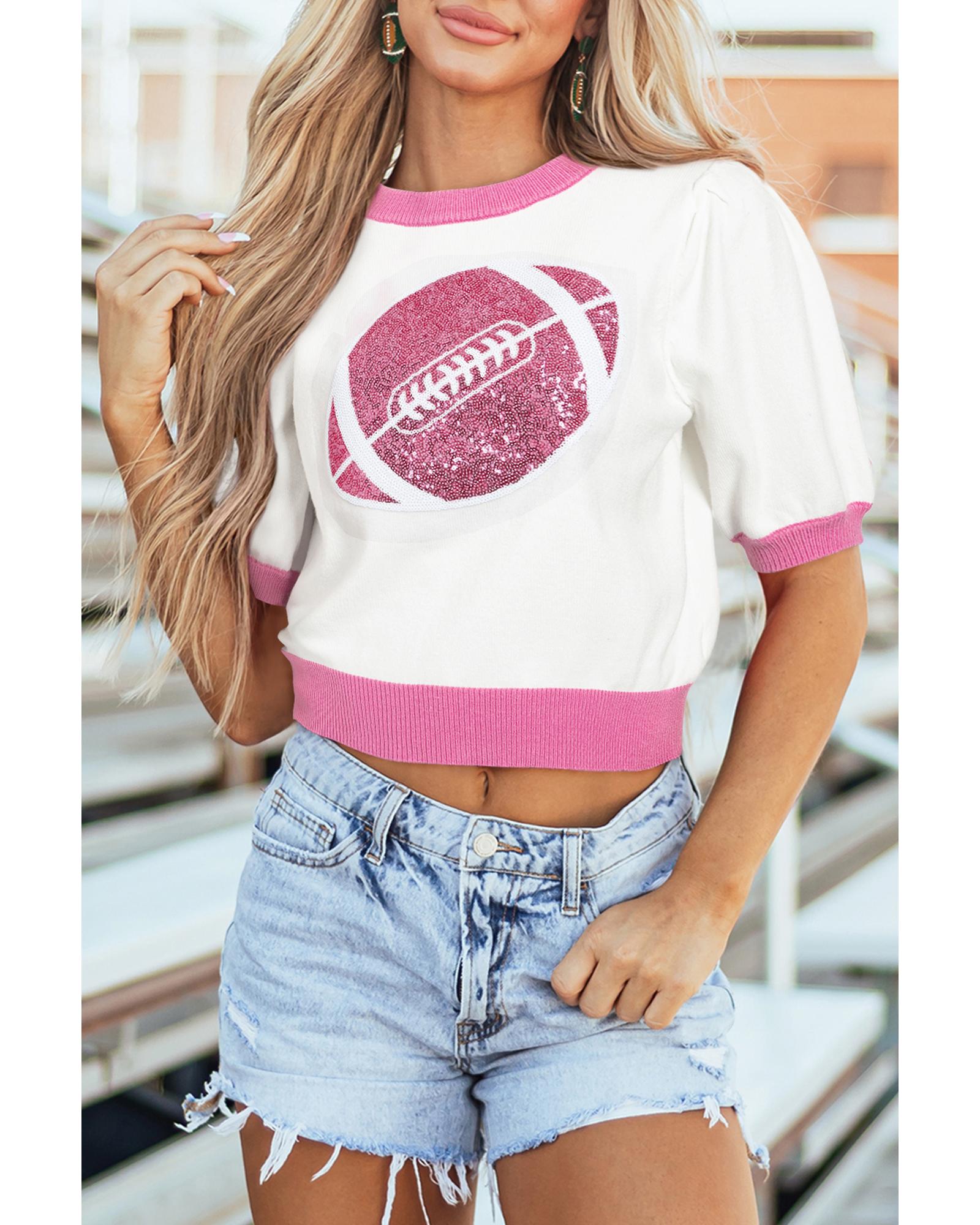 Pink Sequin Rugby Color Block Puff Short Sleeve Sweater - M