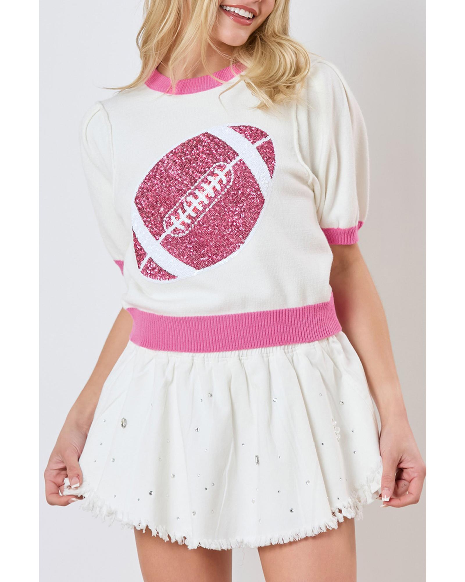Pink Sequin Rugby Color Block Puff Short Sleeve Sweater - XL