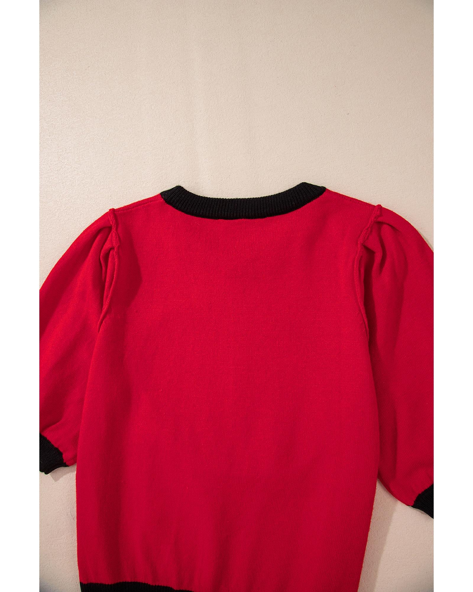 Red Sequin Rugby Color Block Puff Short Sleeve Sweater - L