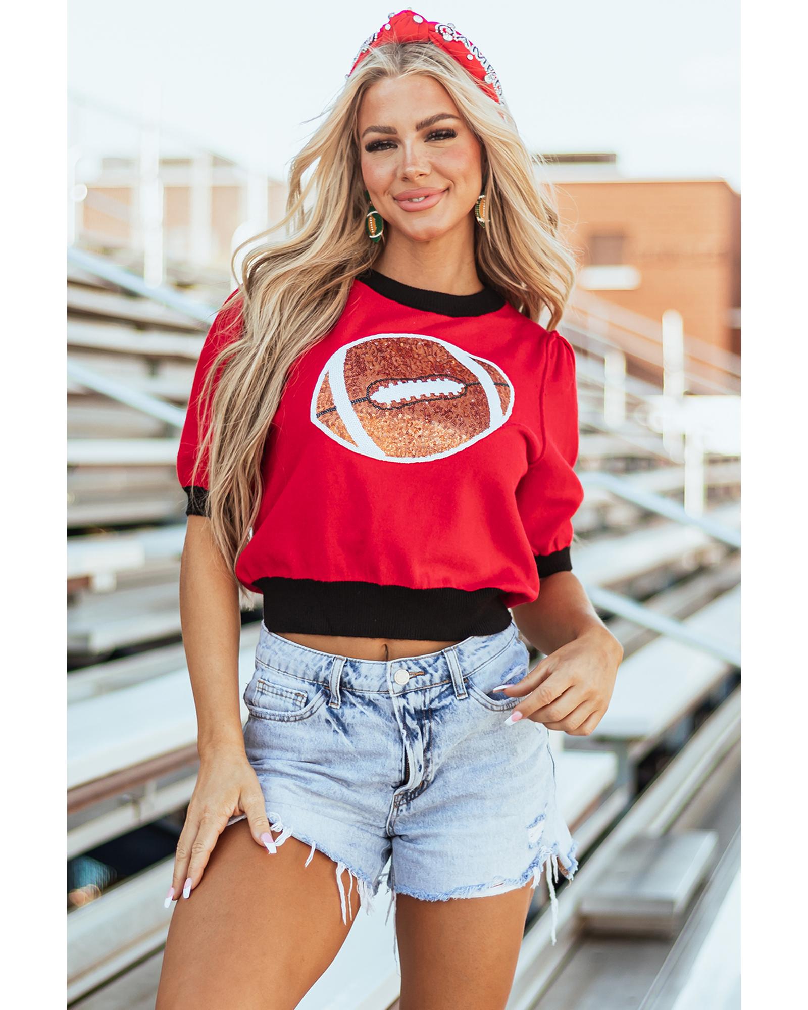 Red Sequin Rugby Color Block Puff Short Sleeve Sweater - M