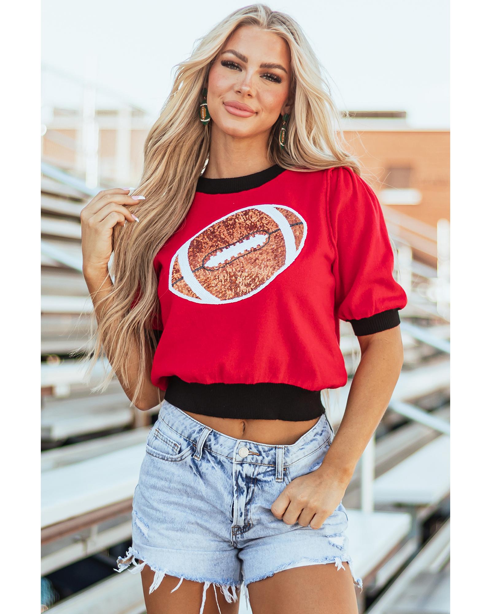 Red Sequin Rugby Color Block Puff Short Sleeve Sweater - XL