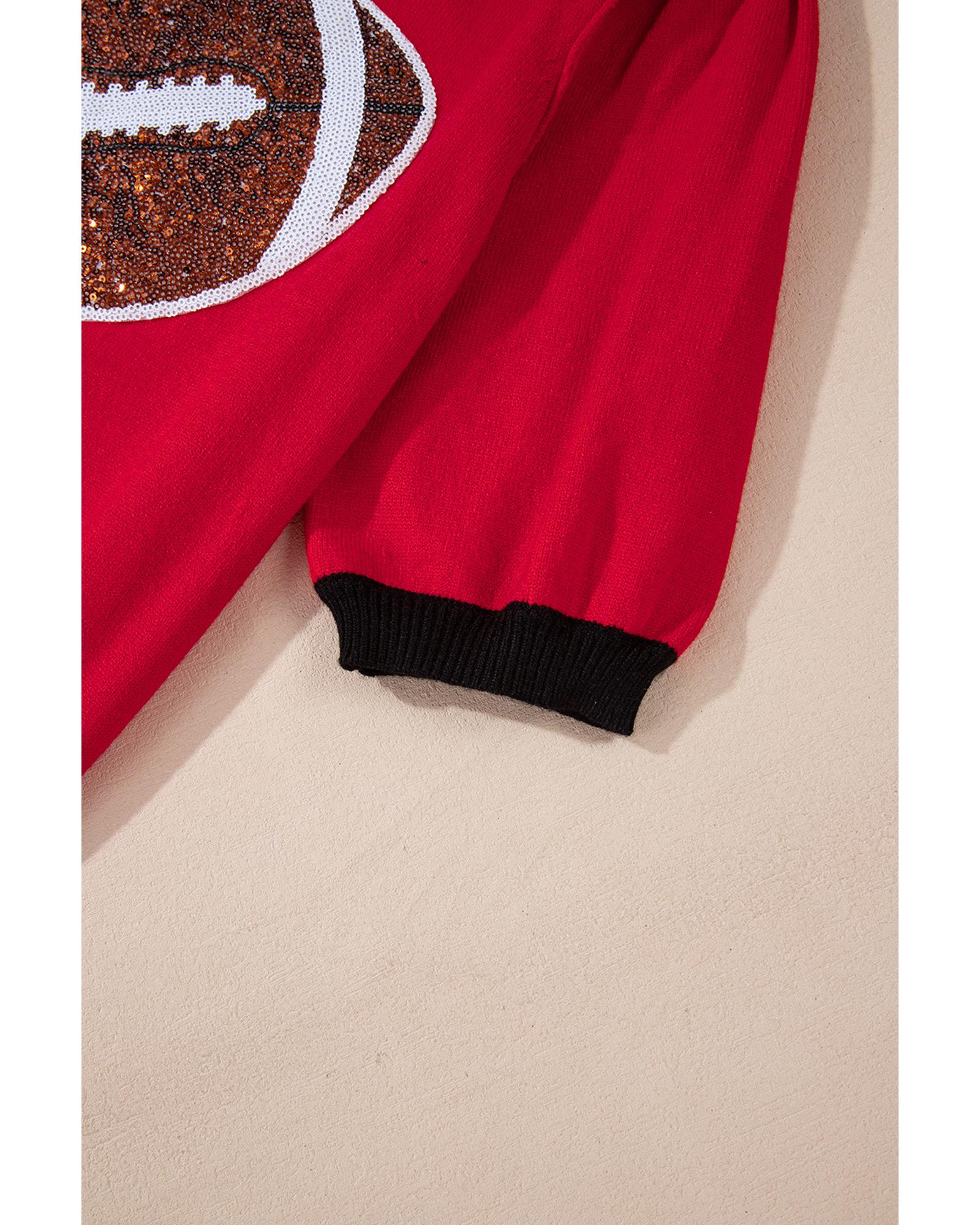 Red Sequin Rugby Color Block Puff Short Sleeve Sweater - XL