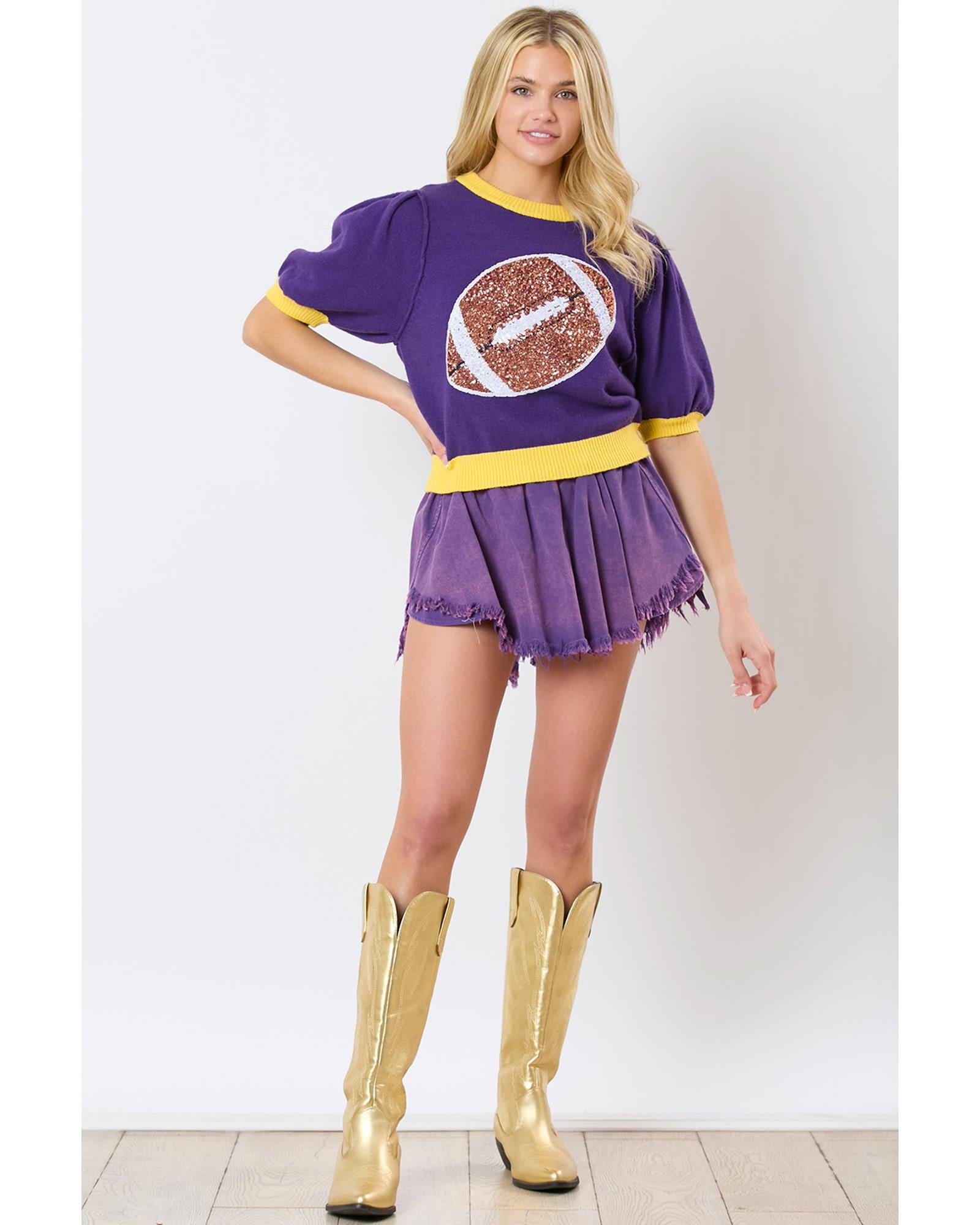 Purple Sequin Rugby Color Block Puff Short Sleeve Sweater - L