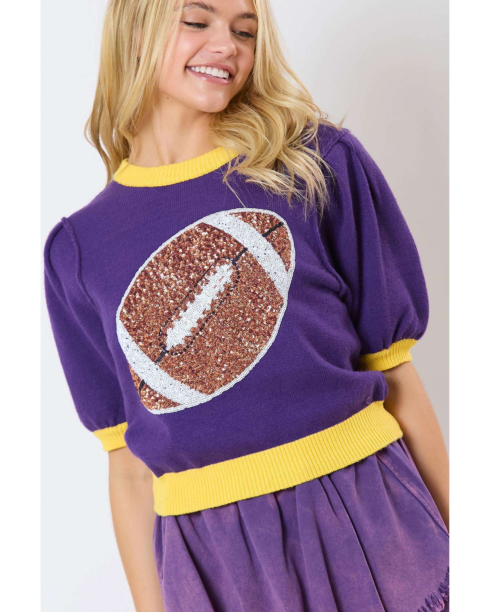 Purple Sequin Rugby Color Block Puff Short Sleeve Sweater - XL