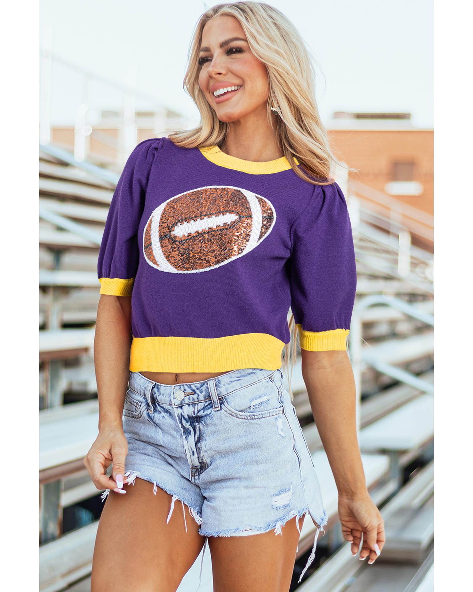 Purple Sequin Rugby Color Block Puff Short Sleeve Sweater - XL