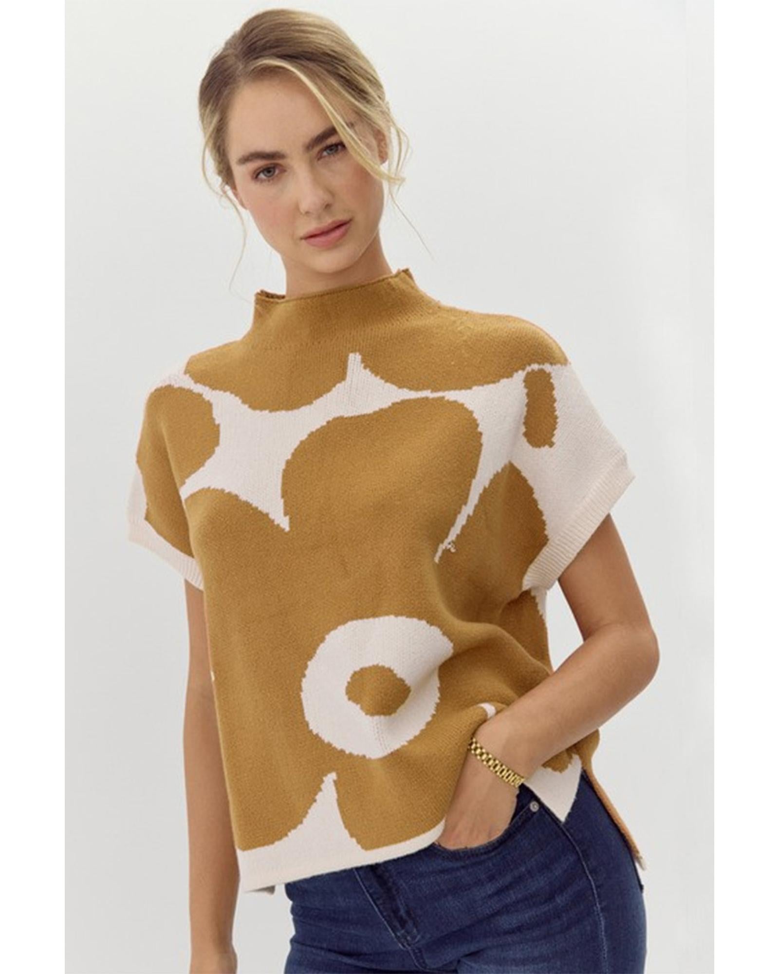 Camel Big Flower Pattern Stand Neck Short Sleeve Sweater - L