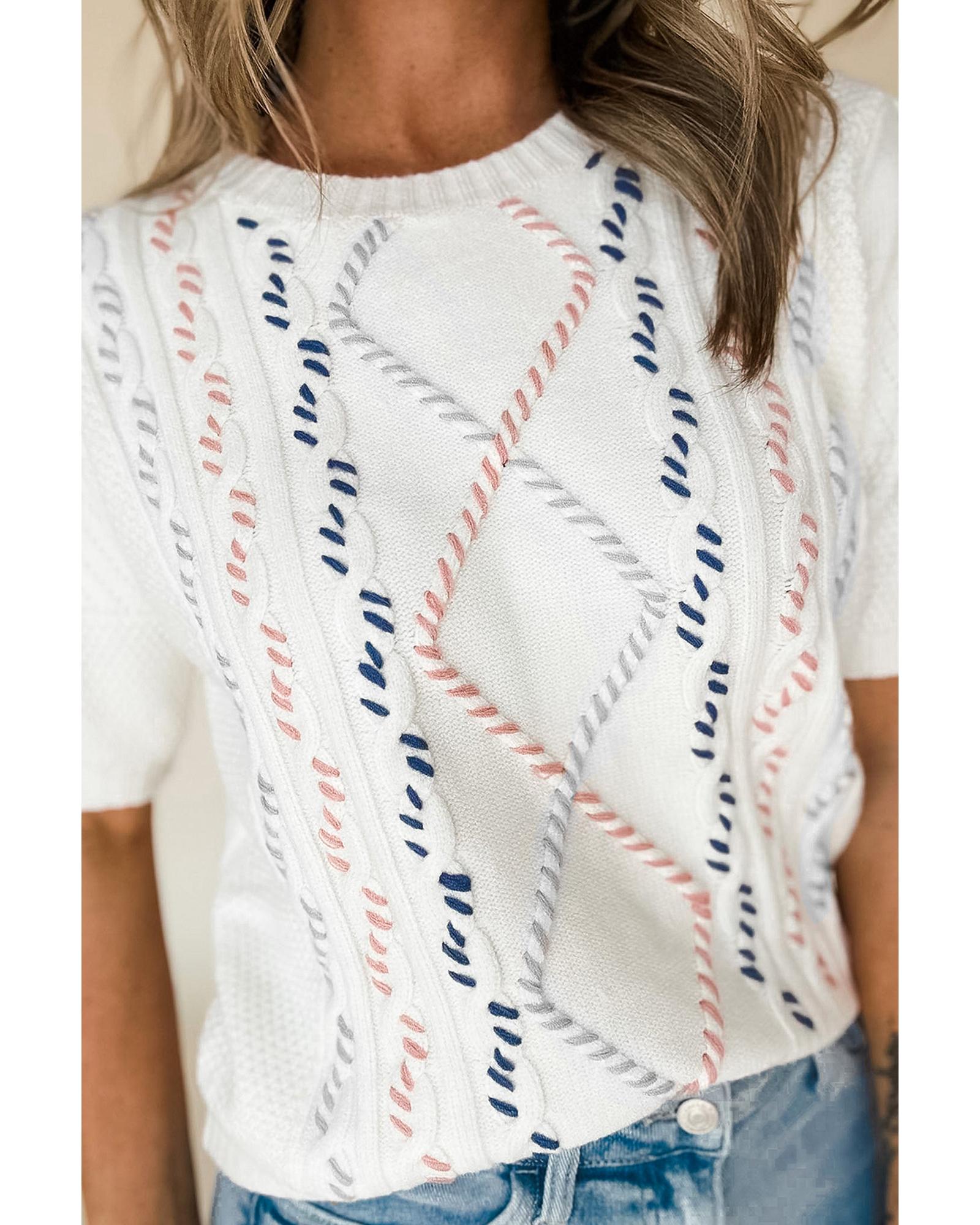 White Multicolor Stitch Detail Cable Knit Short Sleeve Sweater - M