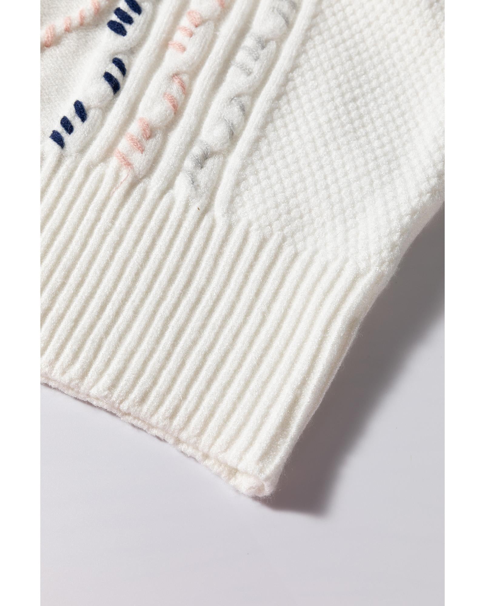 White Multicolor Stitch Detail Cable Knit Short Sleeve Sweater - M