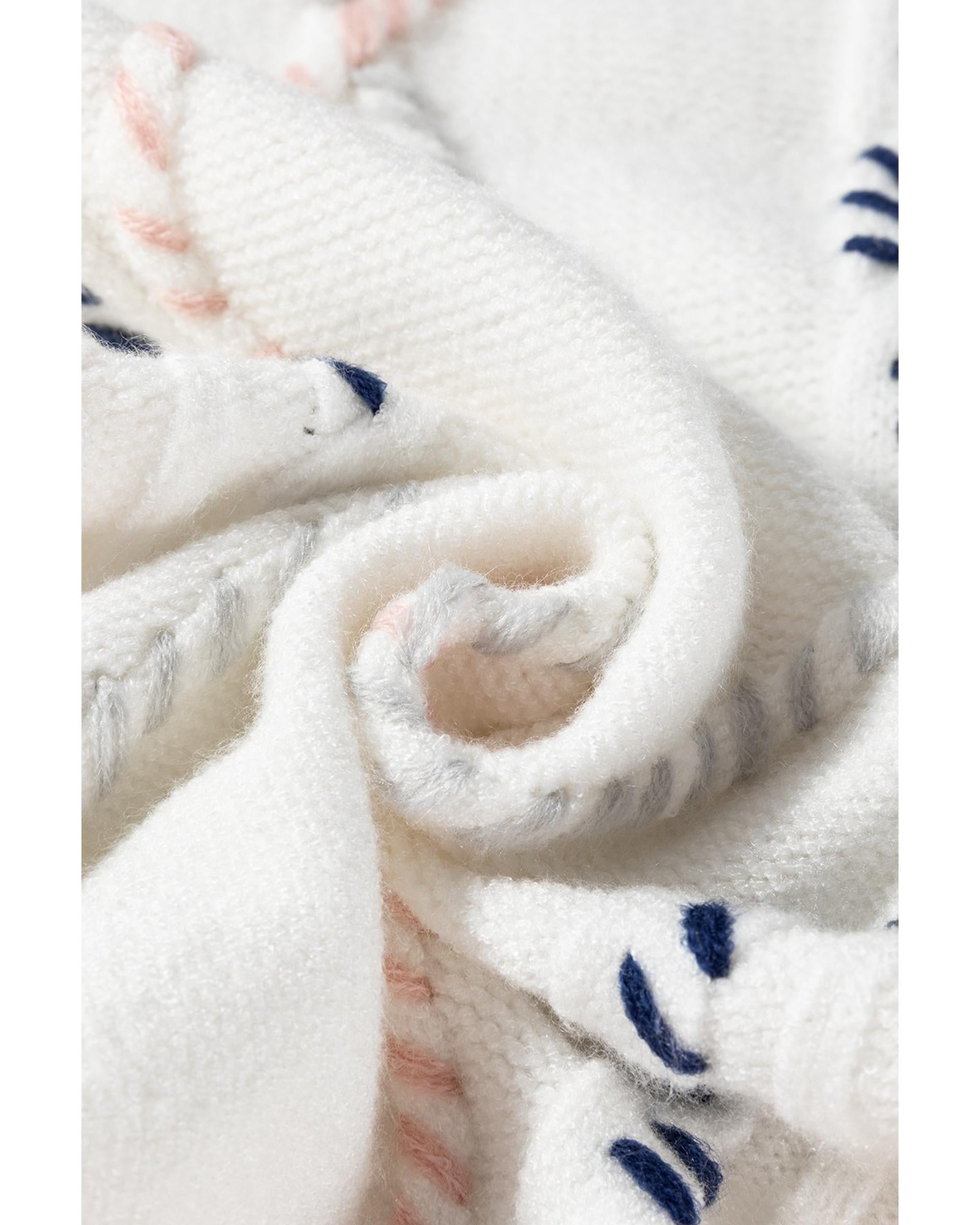 White Multicolor Stitch Detail Cable Knit Short Sleeve Sweater - M