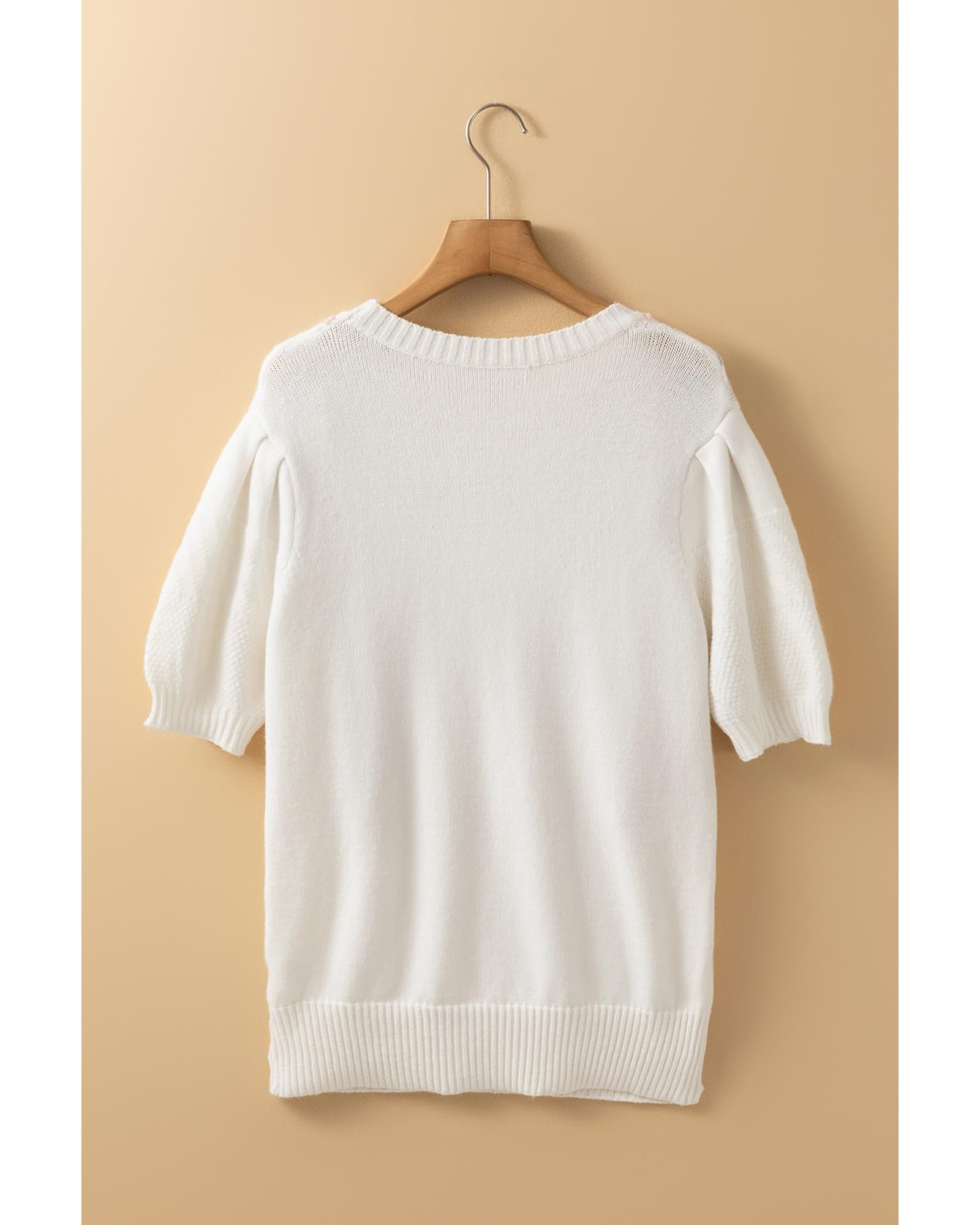 White Multicolor Stitch Detail Cable Knit Short Sleeve Sweater - S