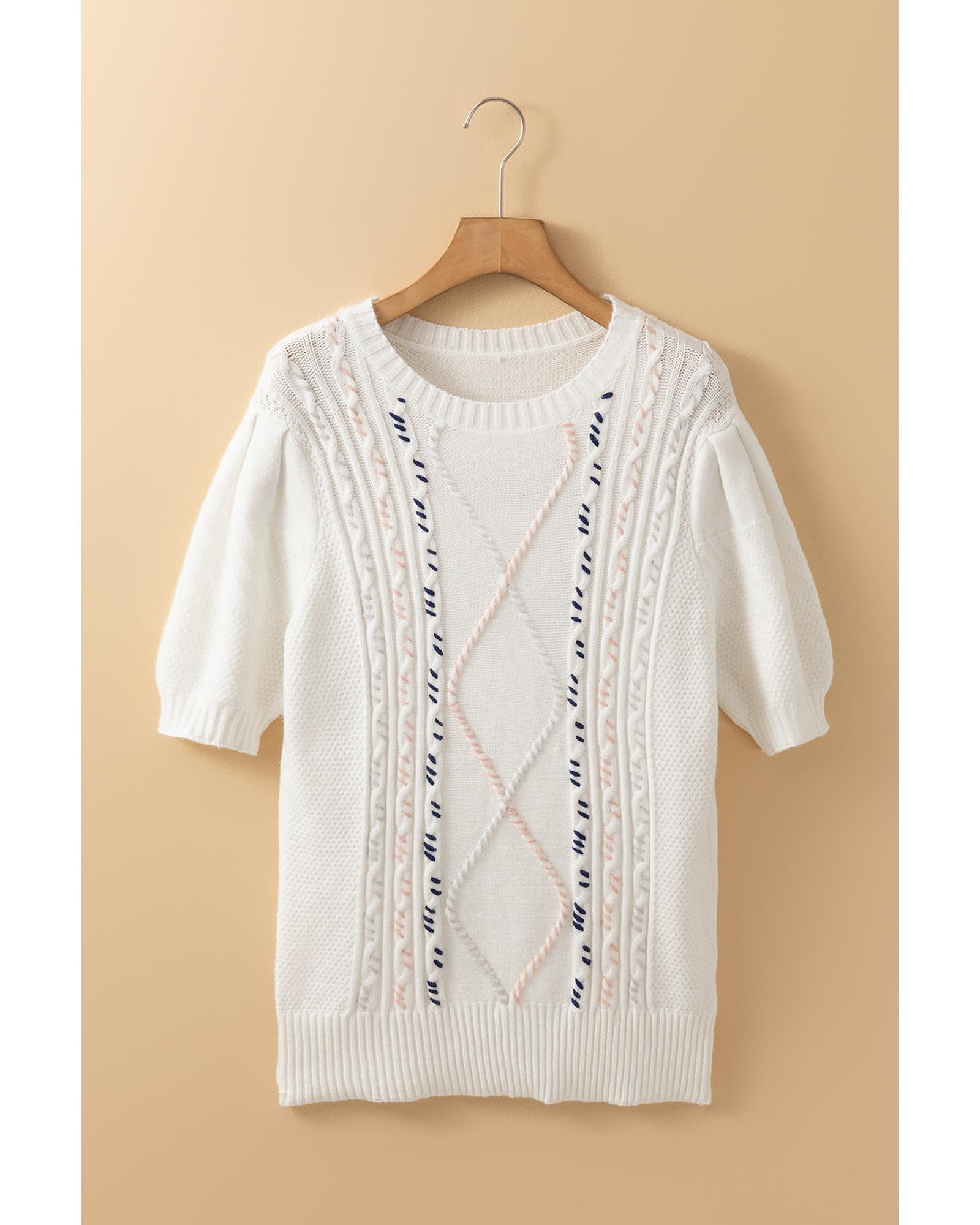 White Multicolor Stitch Detail Cable Knit Short Sleeve Sweater - S