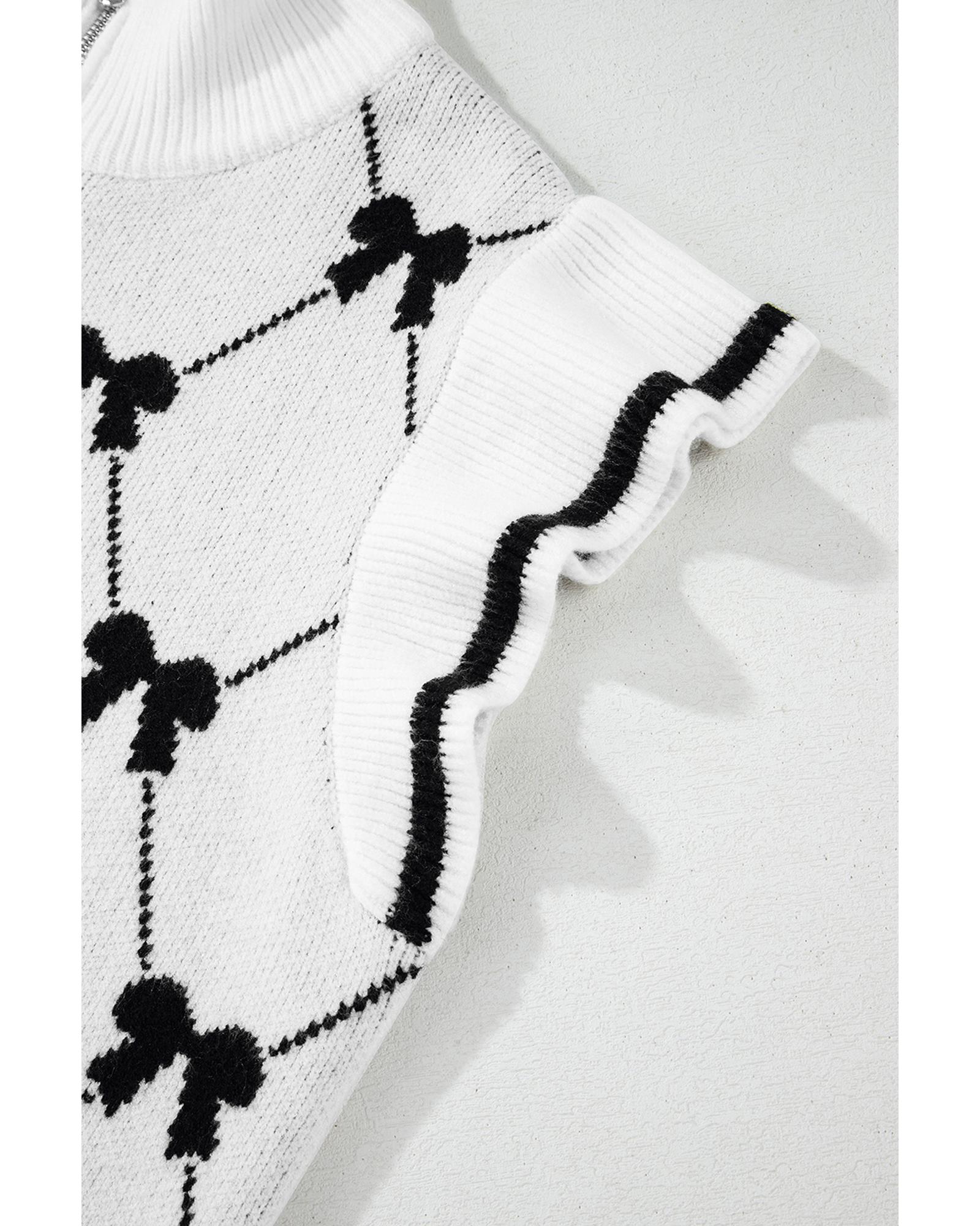 Black Preppy Vibes Bow Print Zipped Collar Sweater Tee - L