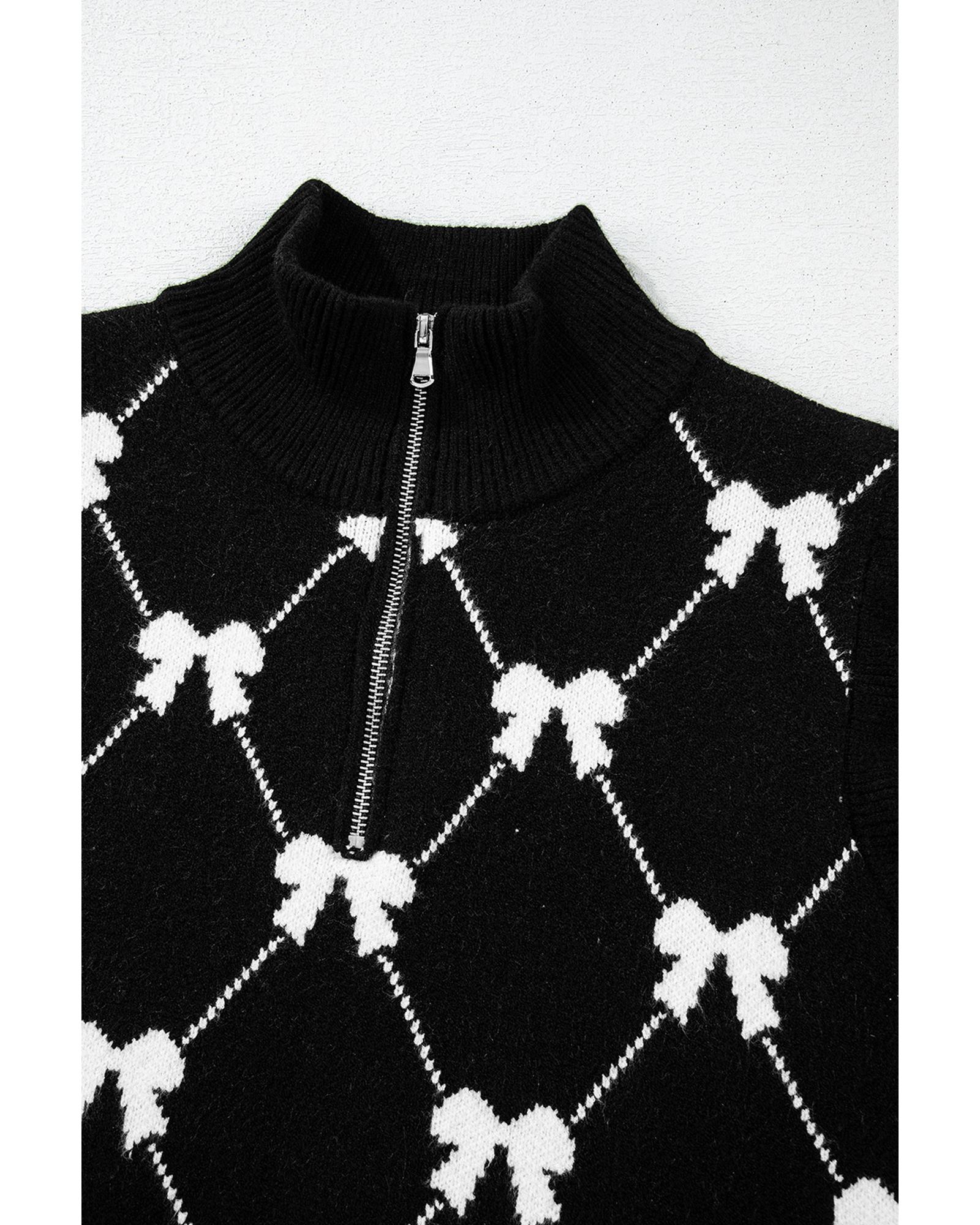 Black Preppy Vibes Bow Print Zipped Collar Sweater Tee - L