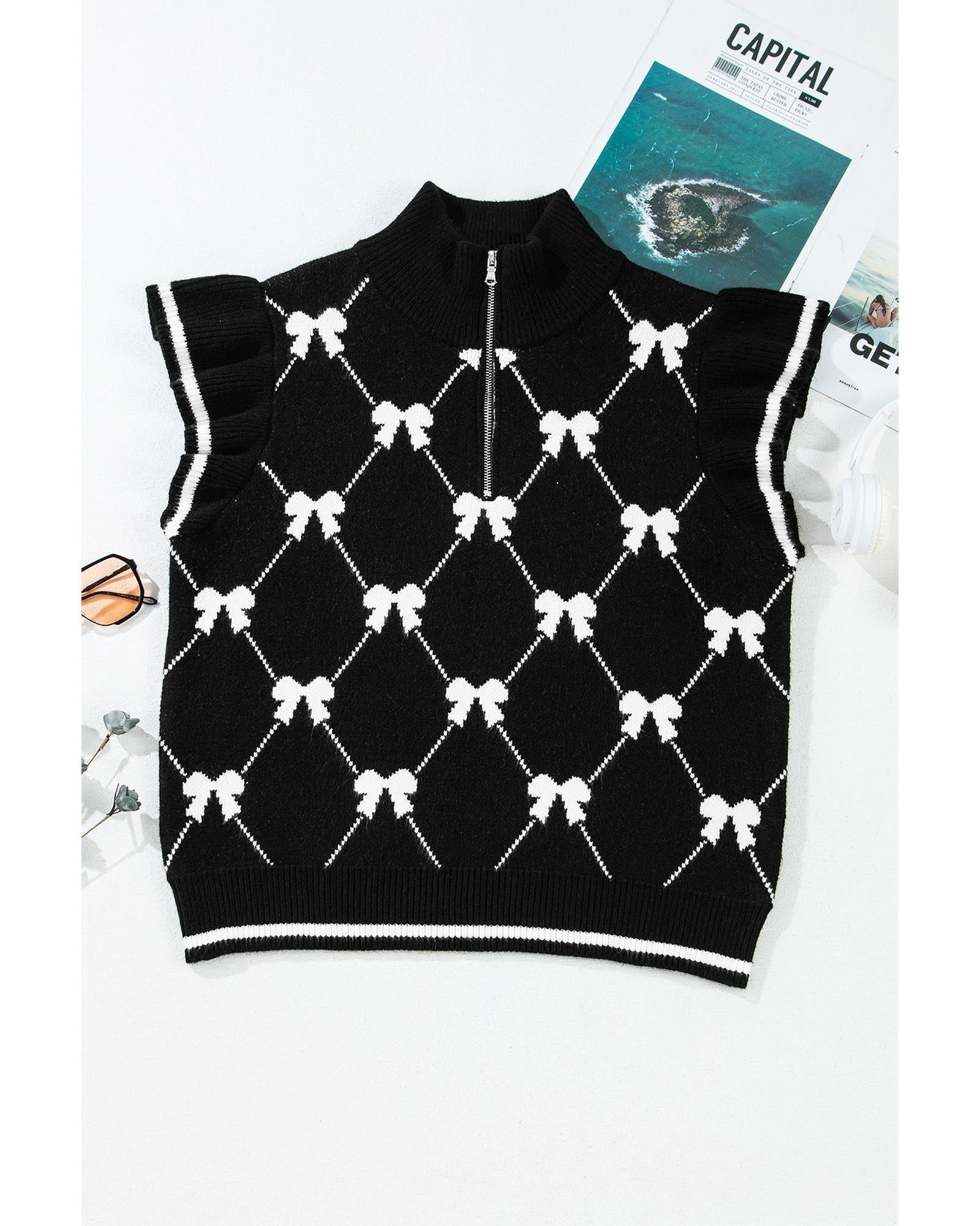 Black Preppy Vibes Bow Print Zipped Collar Sweater Tee - L