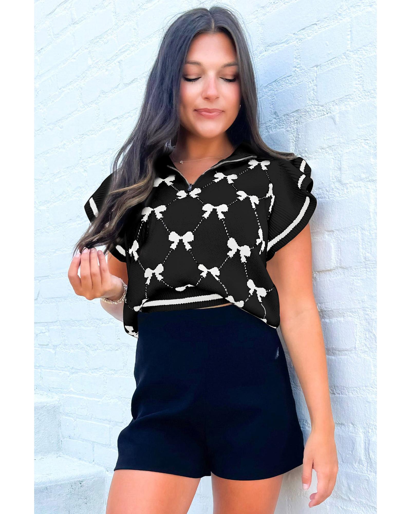 Black Preppy Vibes Bow Print Zipped Collar Sweater Tee - L