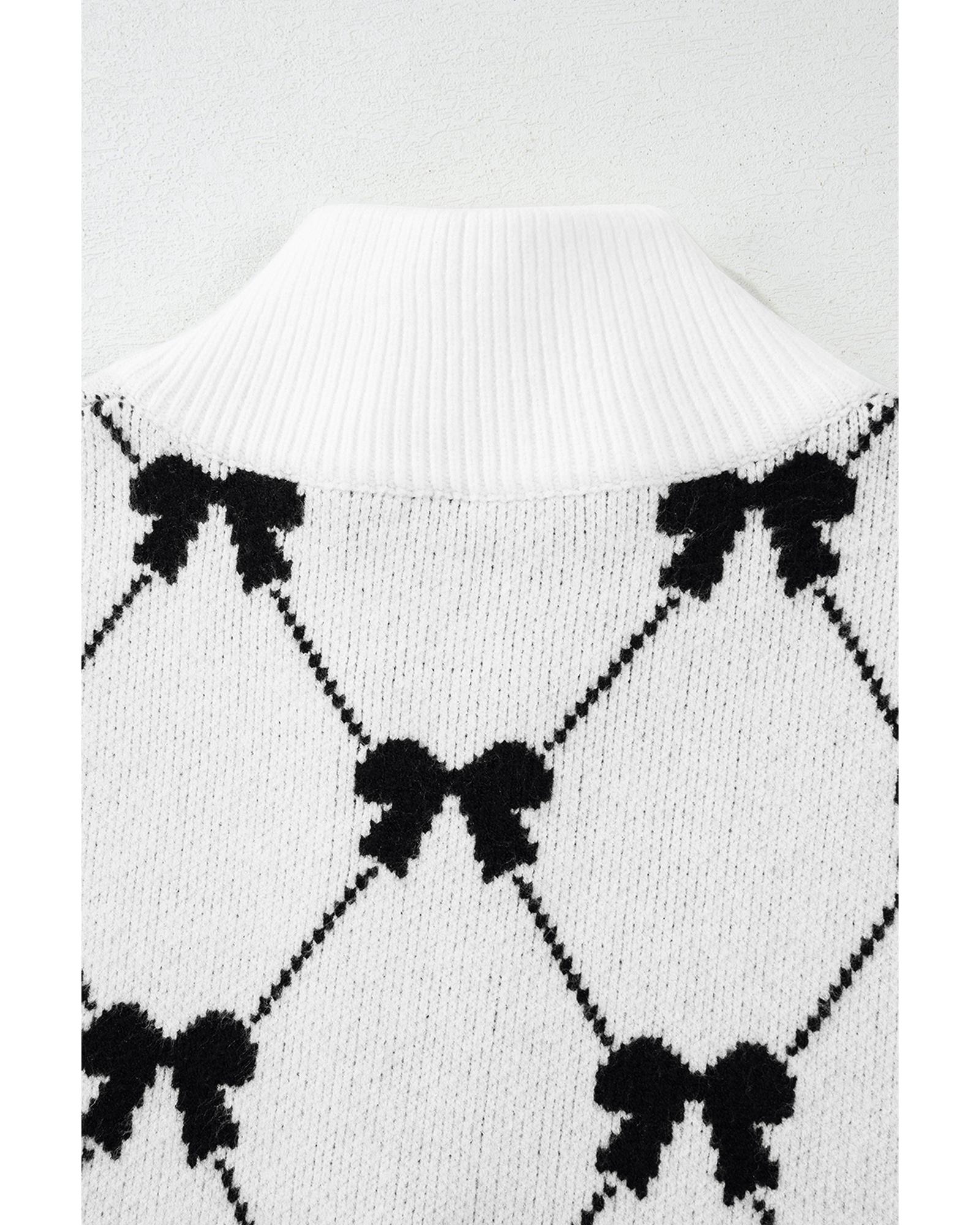 Black Preppy Vibes Bow Print Zipped Collar Sweater Tee - L