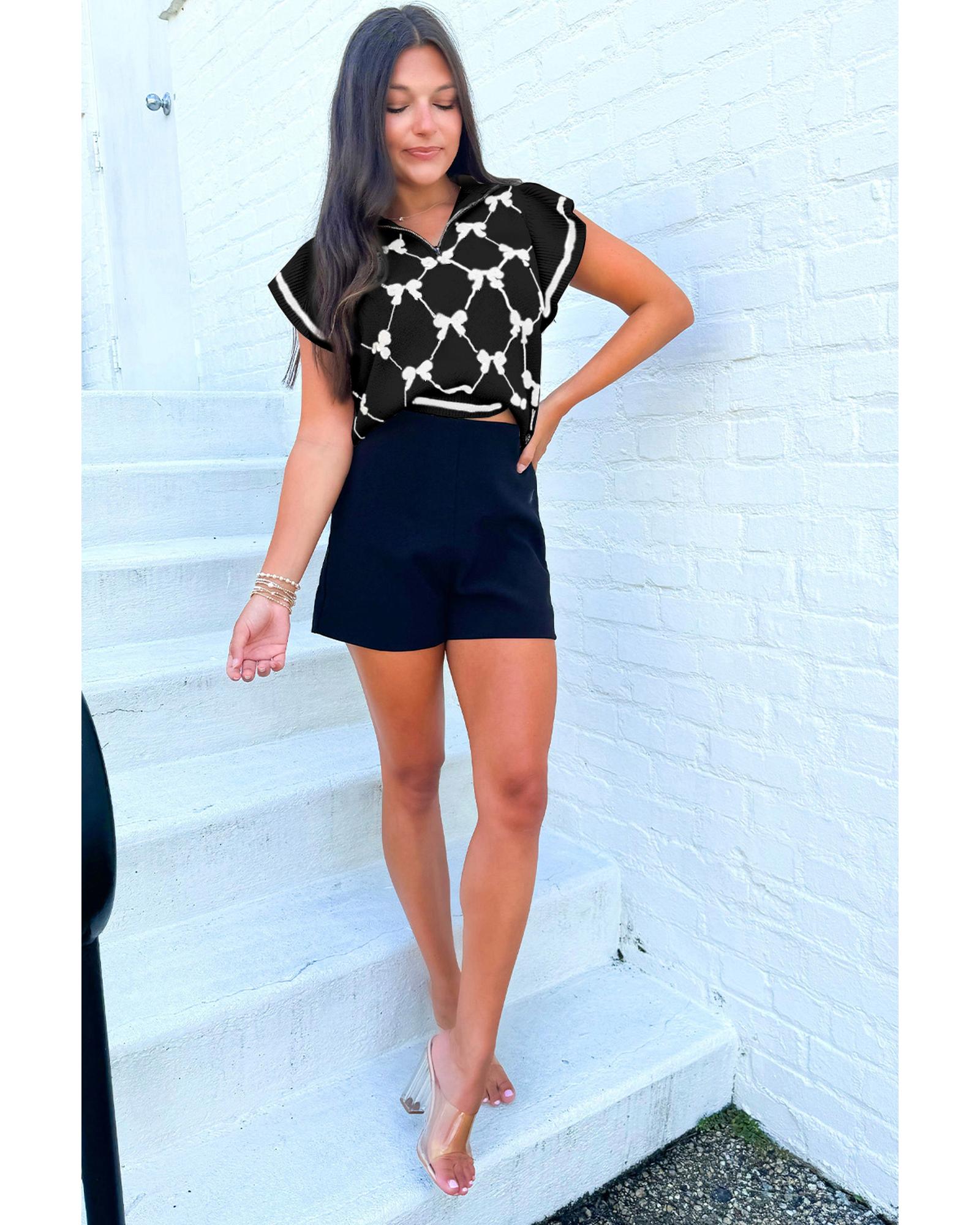 Black Preppy Vibes Bow Print Zipped Collar Sweater Tee - L