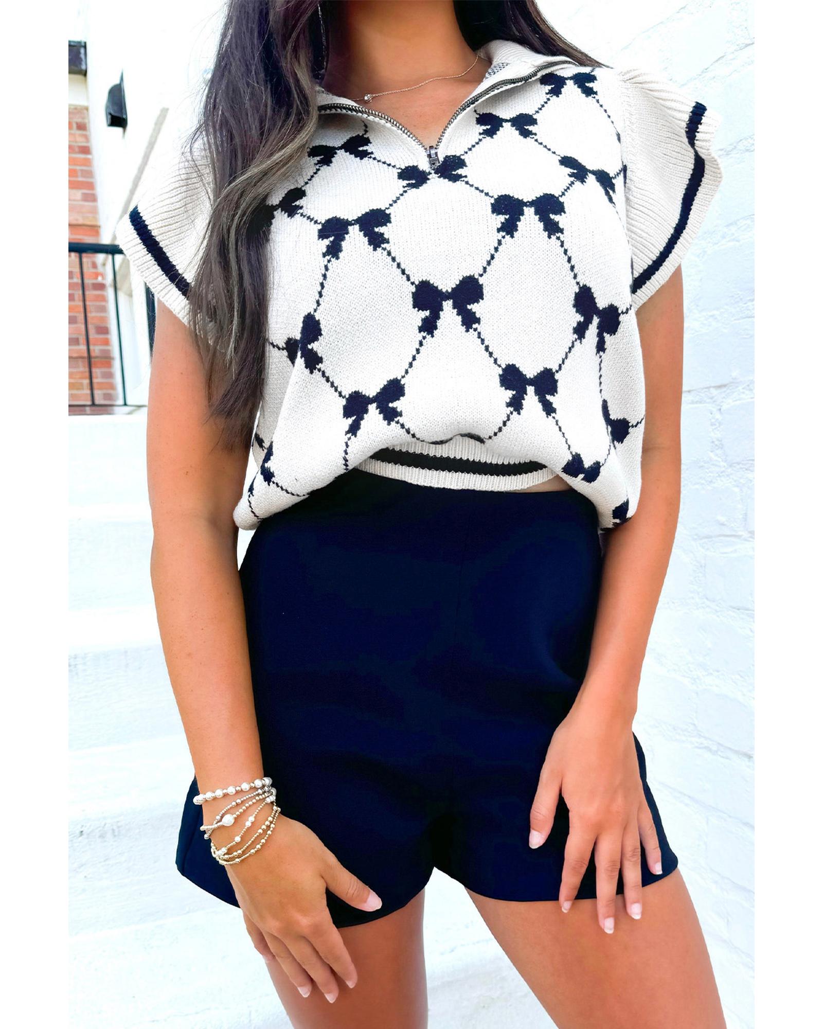 Black Preppy Vibes Bow Print Zipped Collar Sweater Tee - M