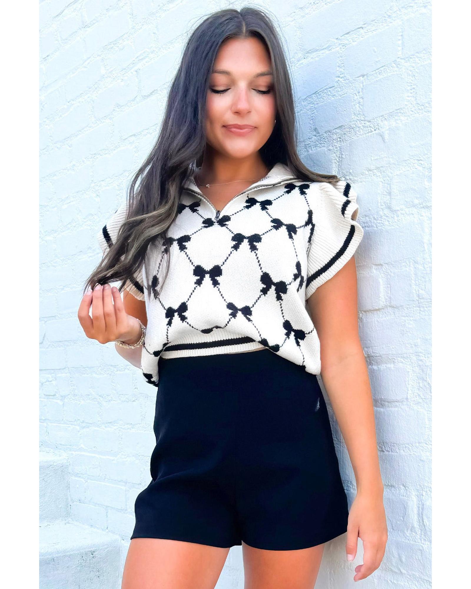 Black Preppy Vibes Bow Print Zipped Collar Sweater Tee - M