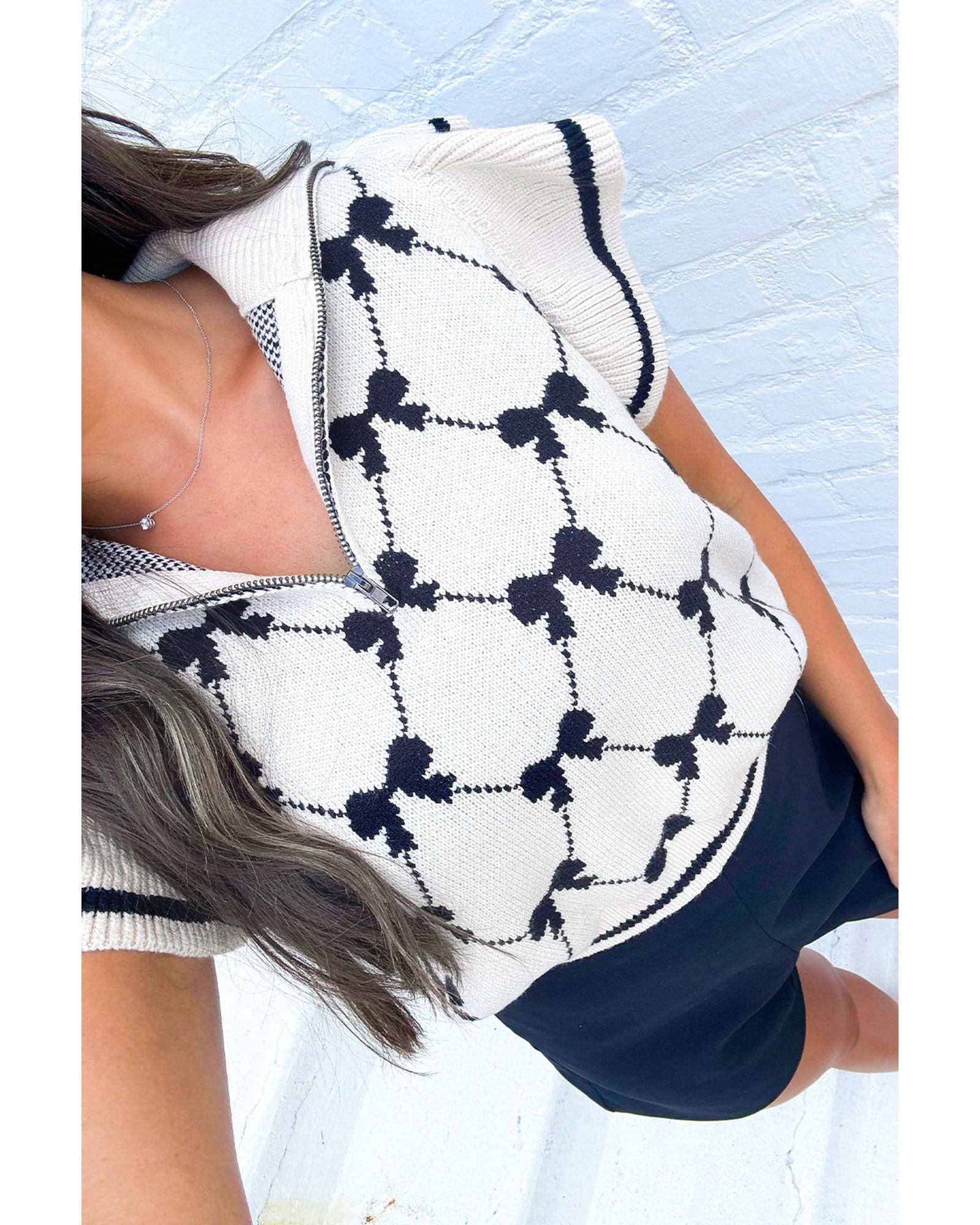 Black Preppy Vibes Bow Print Zipped Collar Sweater Tee - S
