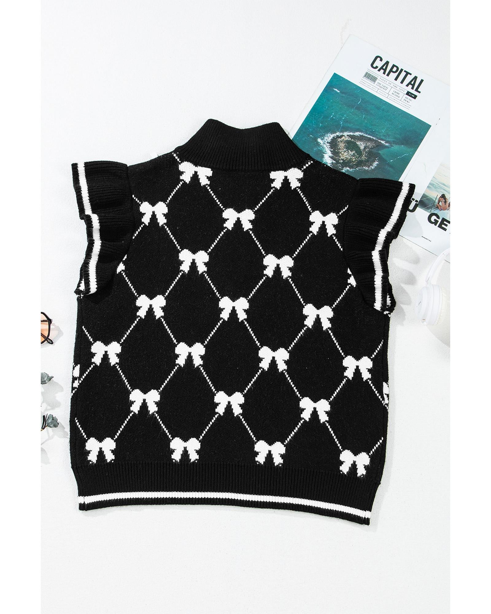 Black Preppy Vibes Bow Print Zipped Collar Sweater Tee - S