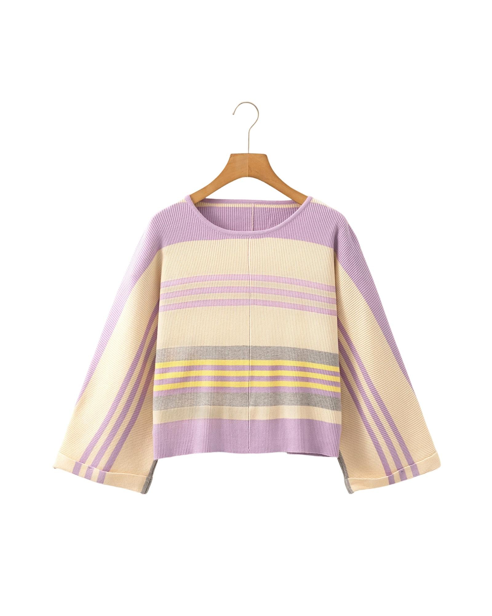 Purple Stripe Borderline Rib Knit Cuffed Dolman Sleeve Sweater - L