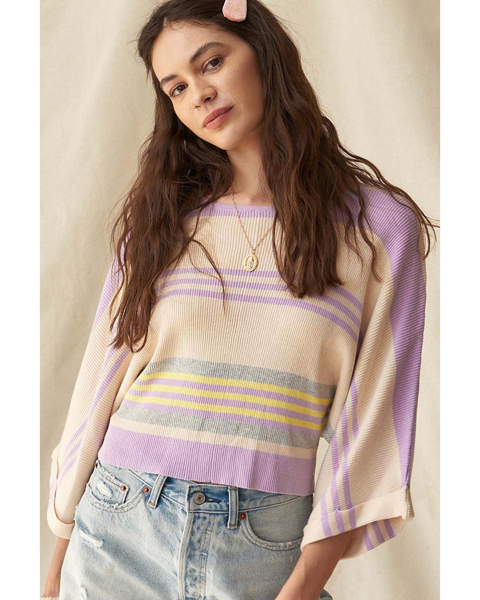 Purple Stripe Borderline Rib Knit Cuffed Dolman Sleeve Sweater - L