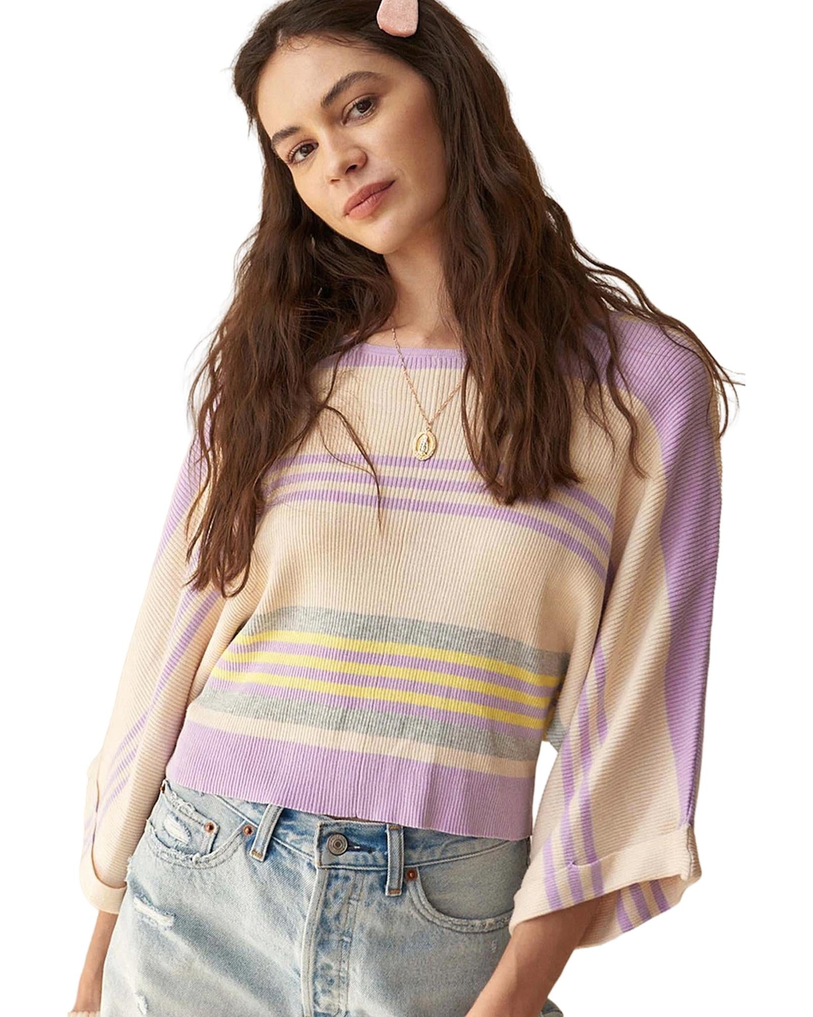 Purple Stripe Borderline Rib Knit Cuffed Dolman Sleeve Sweater - M