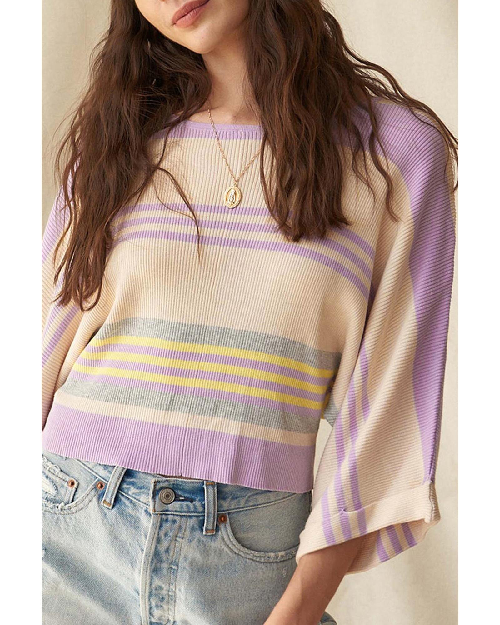 Purple Stripe Borderline Rib Knit Cuffed Dolman Sleeve Sweater - S