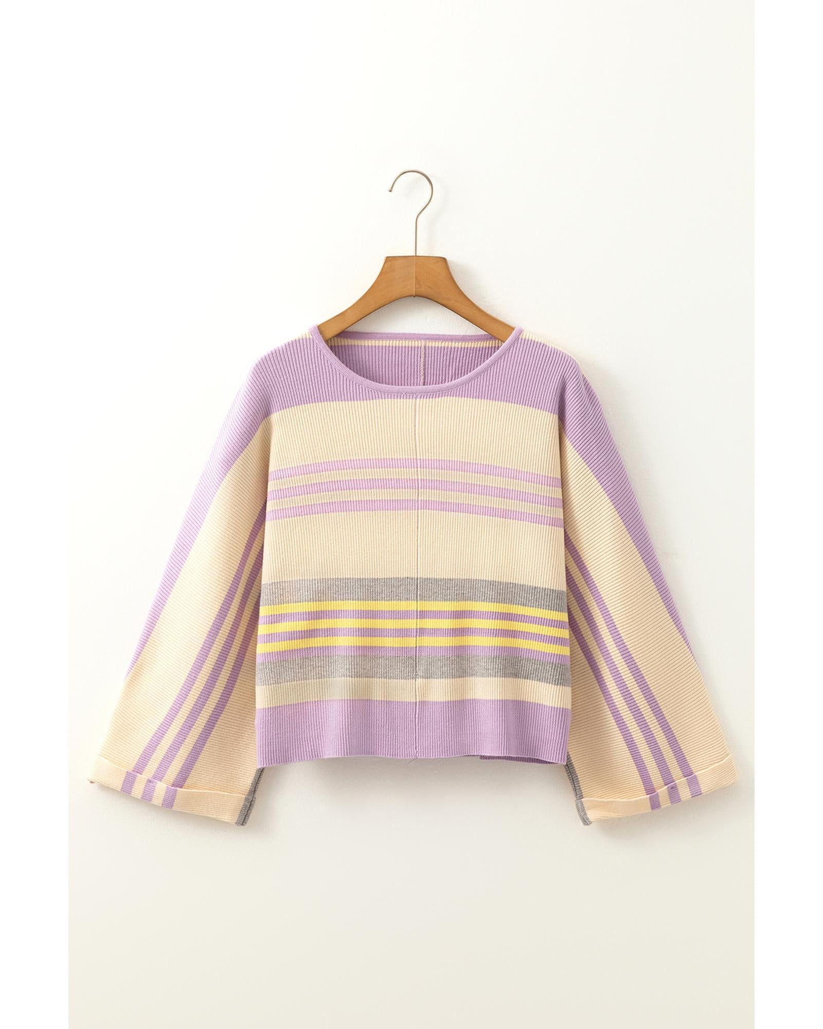 Purple Stripe Borderline Rib Knit Cuffed Dolman Sleeve Sweater - S