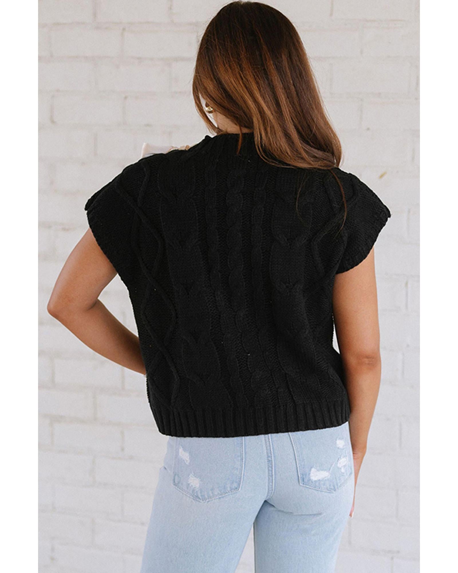 Black Cable Knit Colorblock Satin Bowknot Short Sleeve Sweater - M