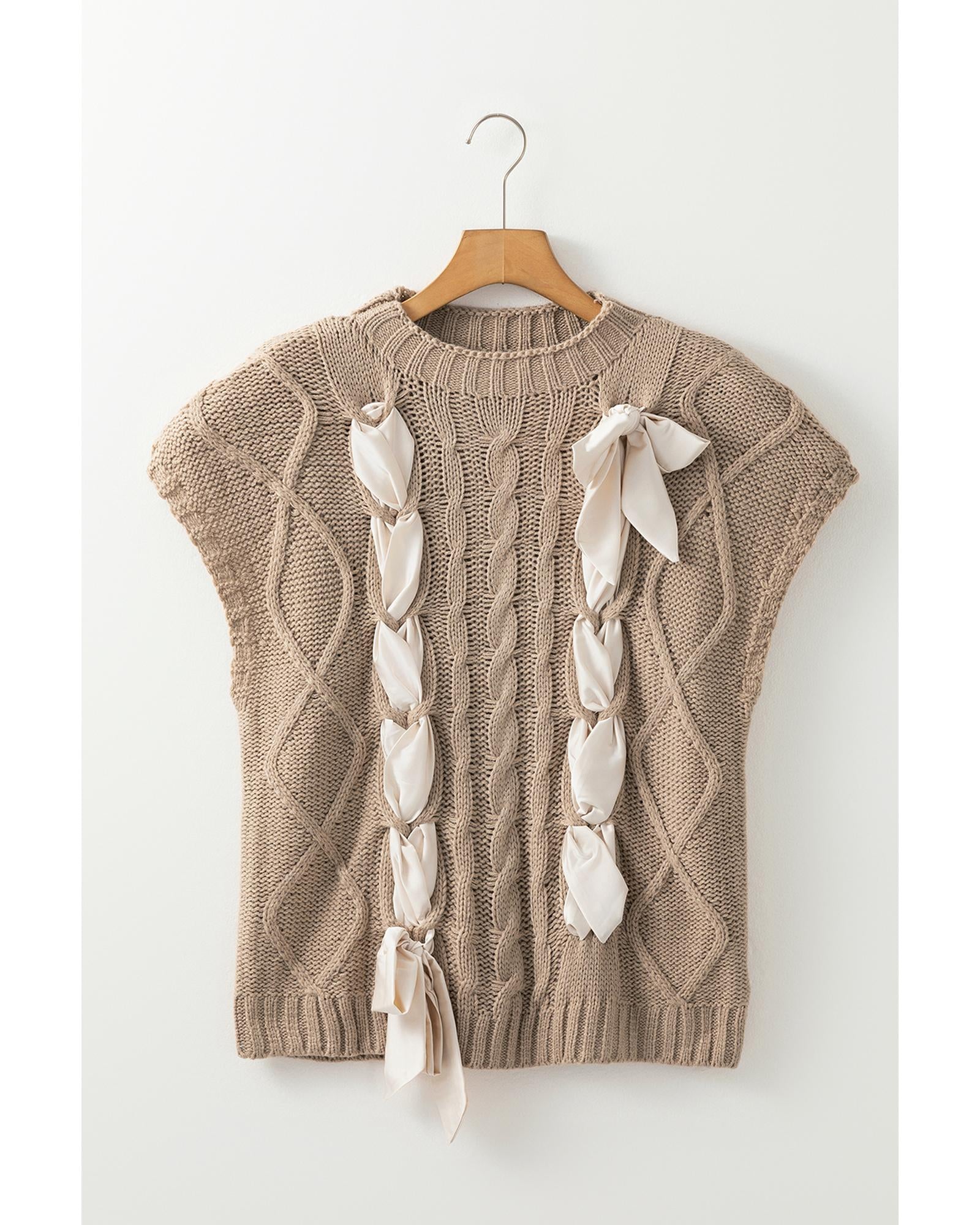 Simply Taupe Cable Knit Colorblock Satin Bowknot Short Sleeve Sweater - L