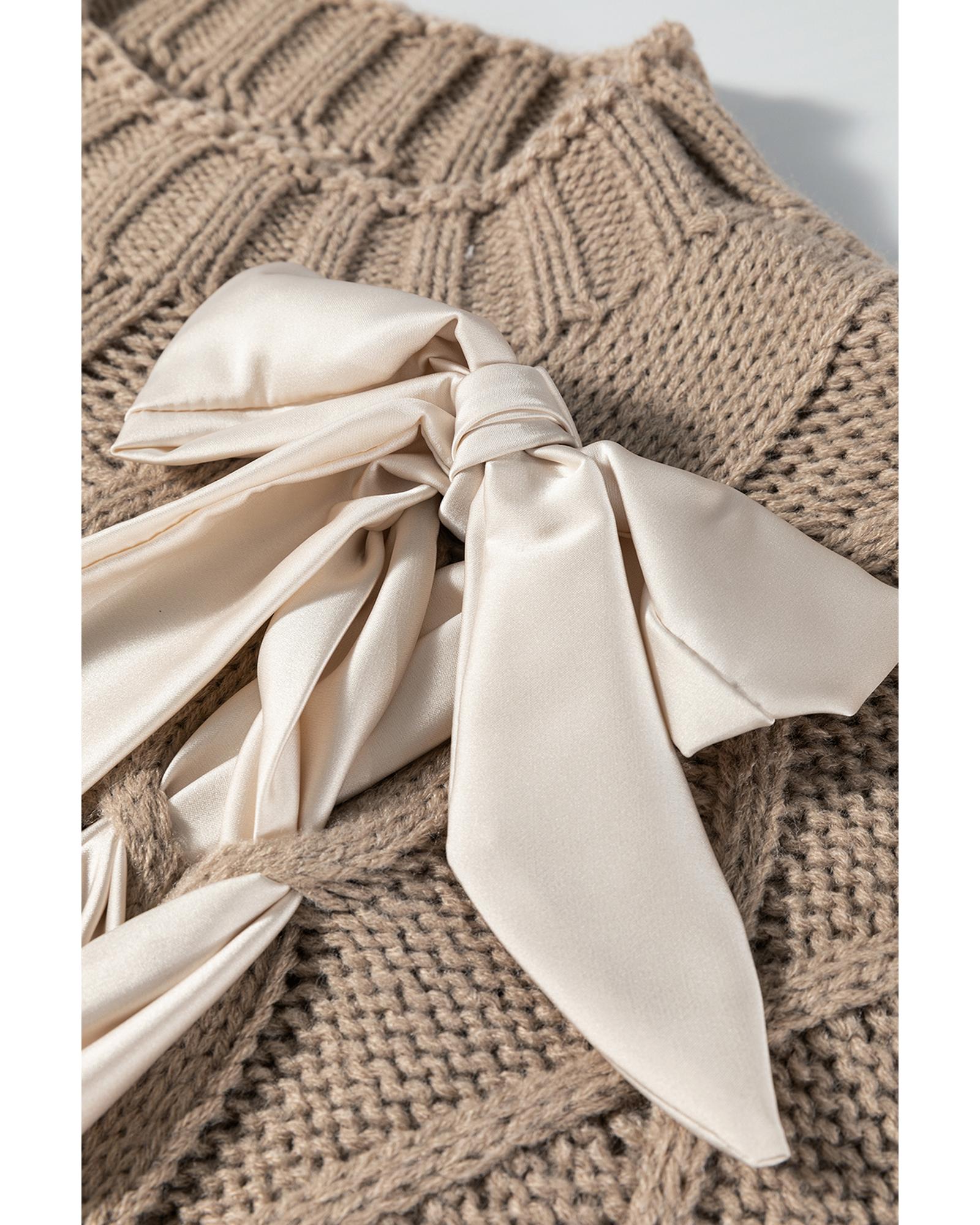 Simply Taupe Cable Knit Colorblock Satin Bowknot Short Sleeve Sweater - M