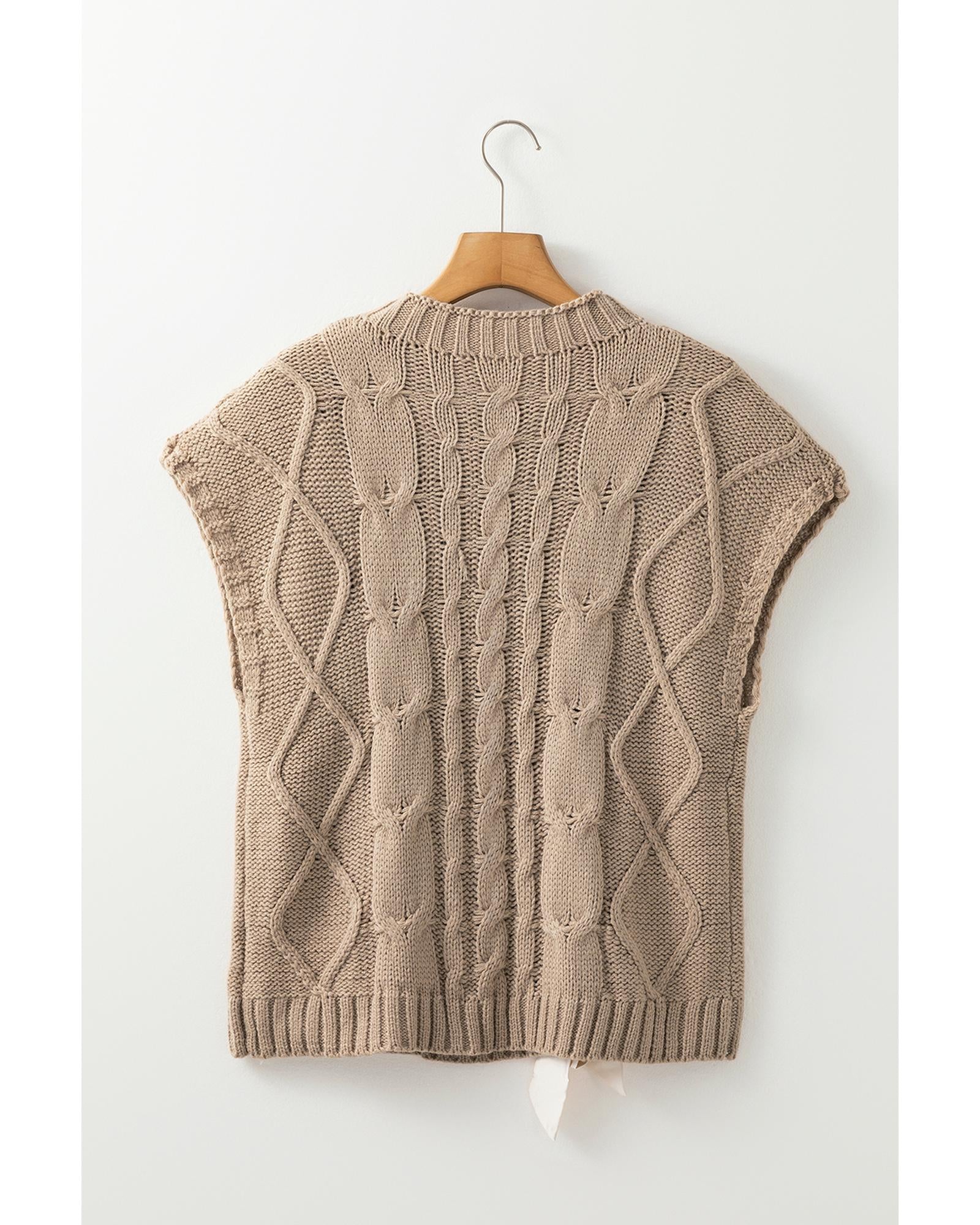 Simply Taupe Cable Knit Colorblock Satin Bowknot Short Sleeve Sweater - M