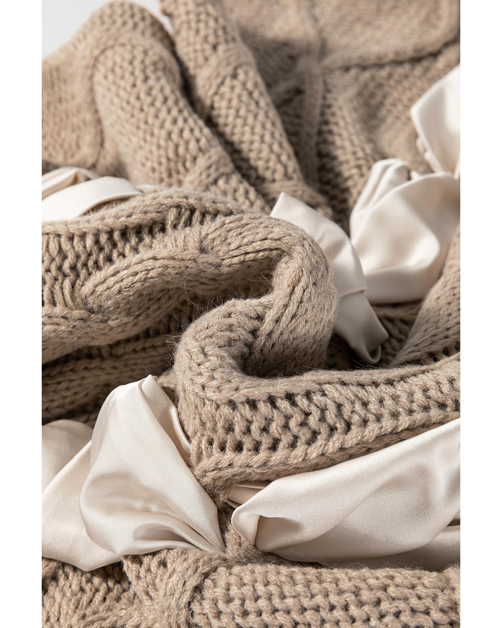 Simply Taupe Cable Knit Colorblock Satin Bowknot Short Sleeve Sweater - M
