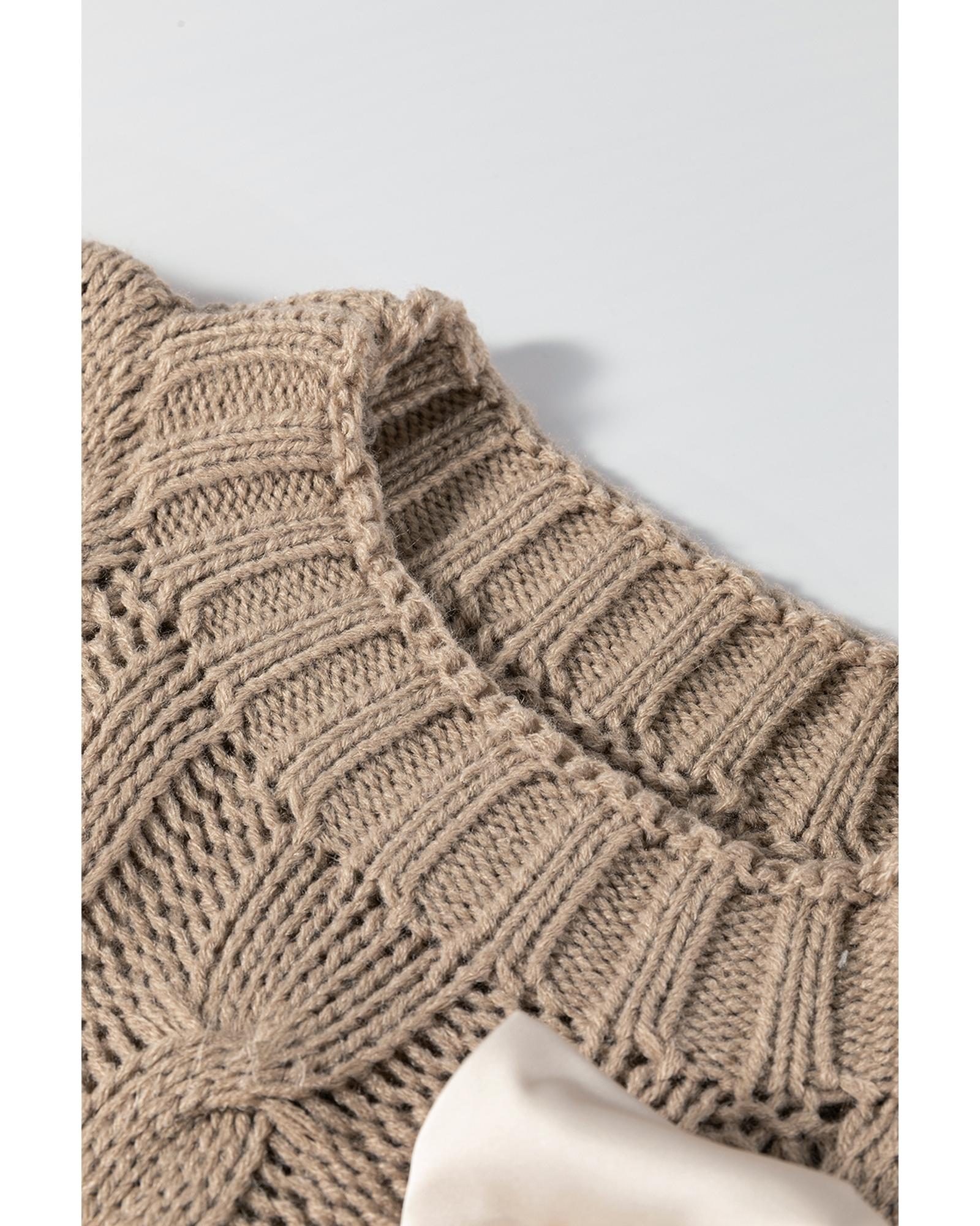 Simply Taupe Cable Knit Colorblock Satin Bowknot Short Sleeve Sweater - M
