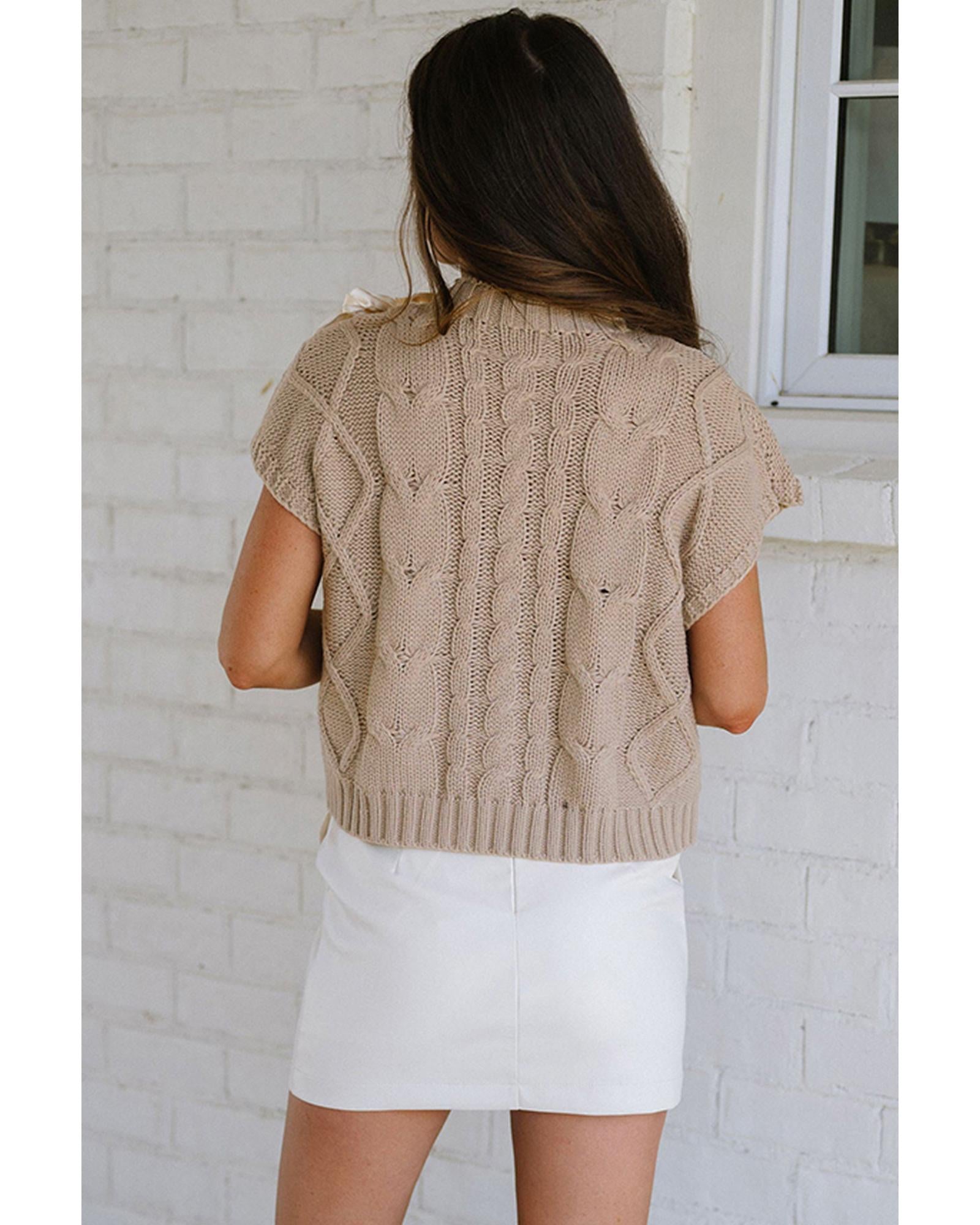 Simply Taupe Cable Knit Colorblock Satin Bowknot Short Sleeve Sweater - XL