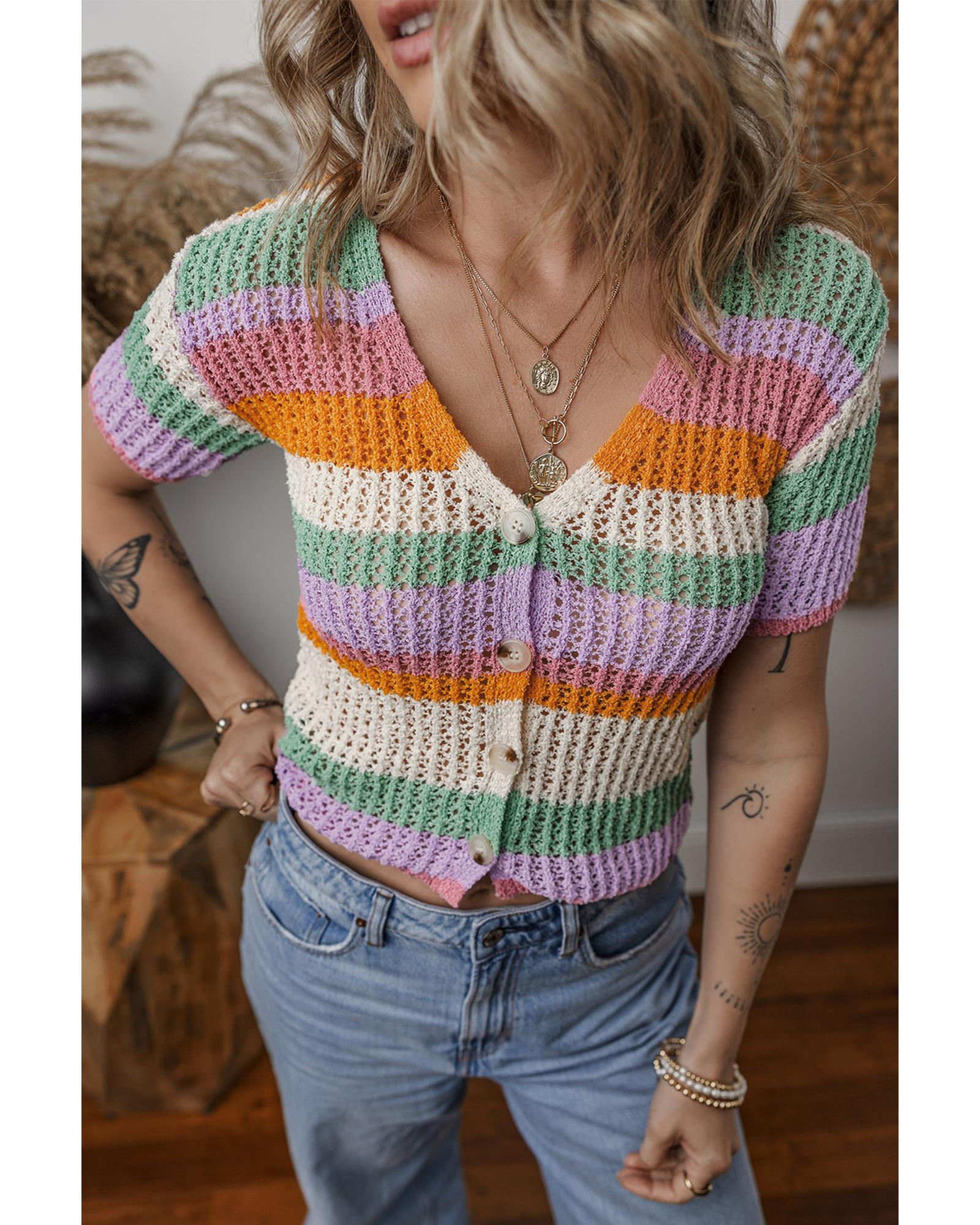 Orange Colorblock Striped Pointelle Knit V Neck Buttoned Crop Short Sleeve Sweater - XL
