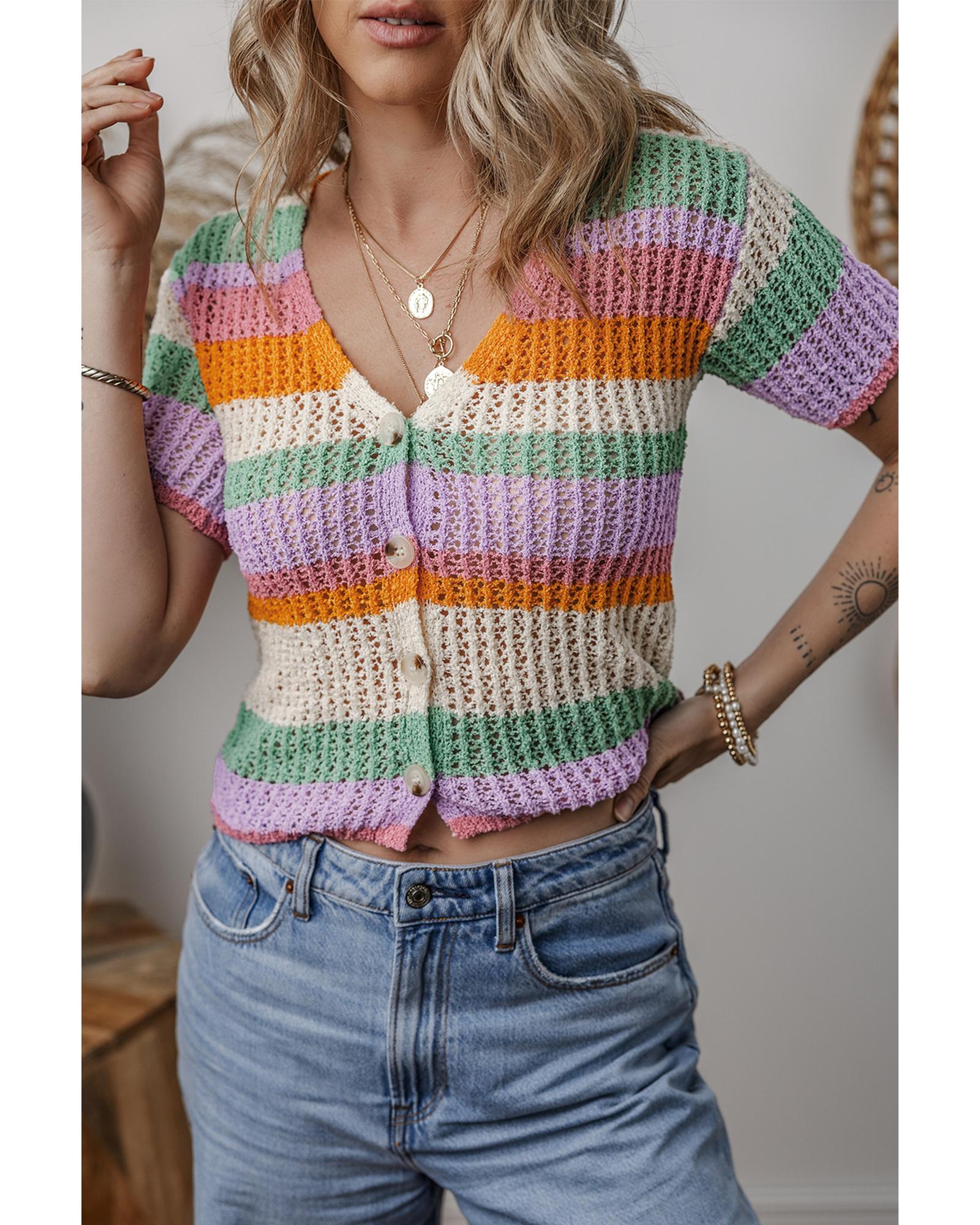 Orange Colorblock Striped Pointelle Knit V Neck Buttoned Crop Short Sleeve Sweater - XL
