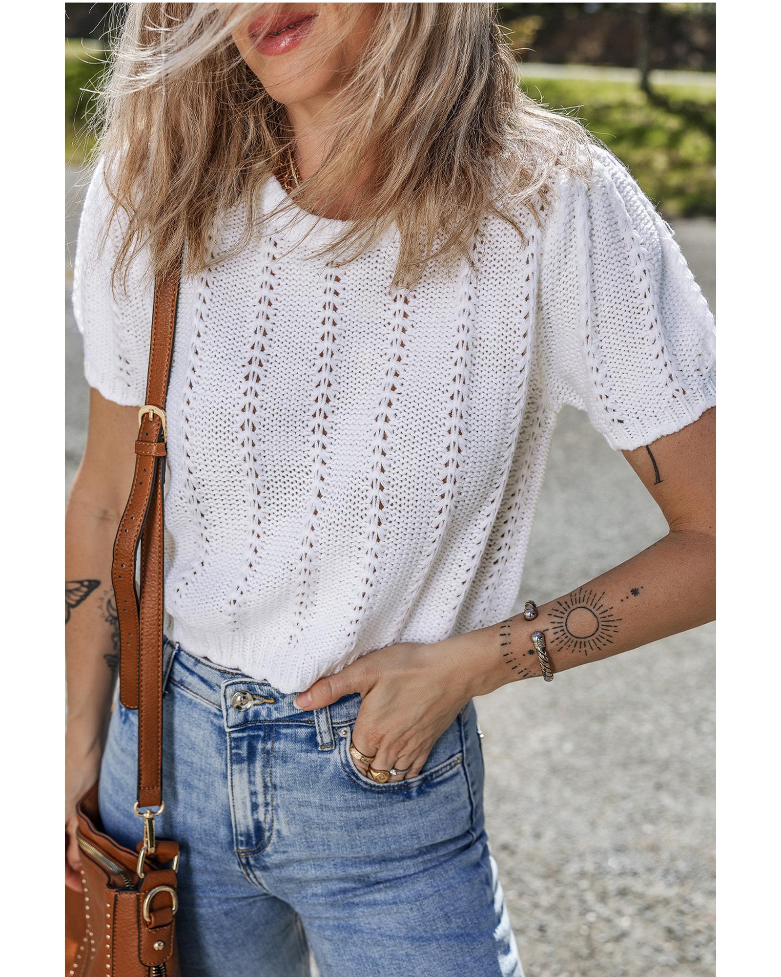 White Pointelle Knit Short Puff Sleeve Crewneck Sweater - L